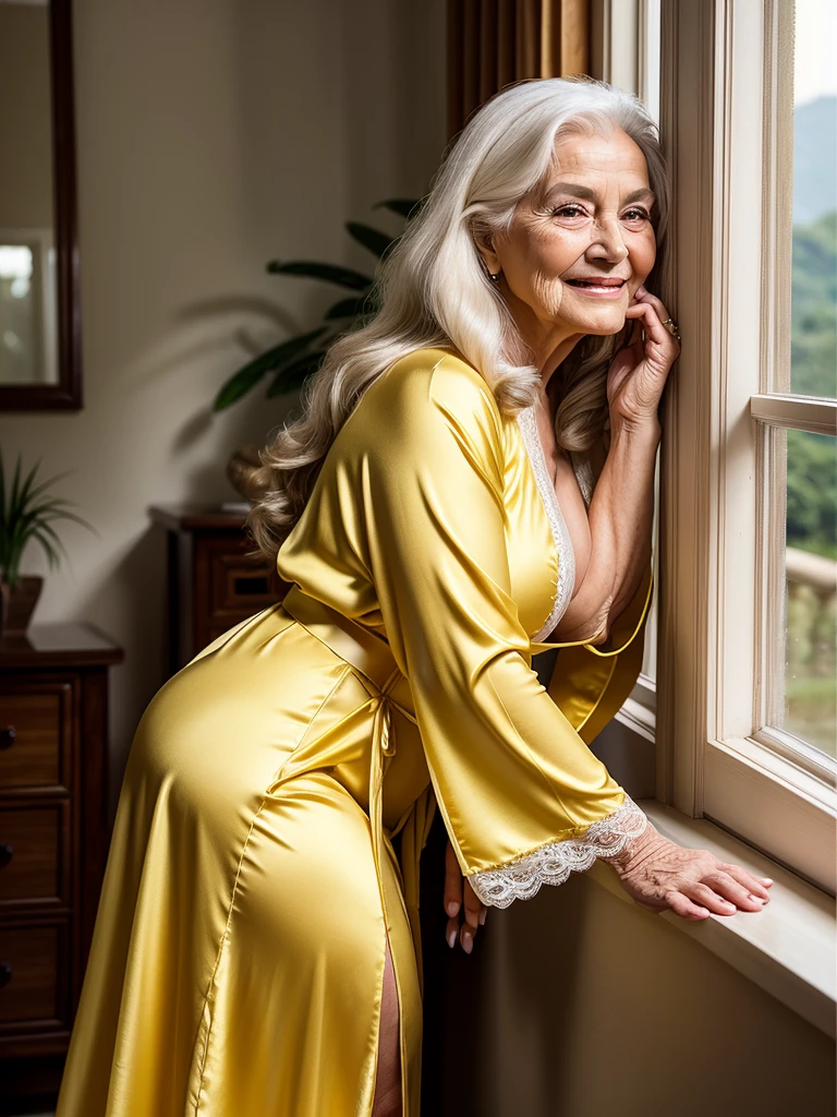 Mature old woman 80 years with long hair, plus size, old face and body with many wrinkles, loose skin, smiling standing near the window with beautiful view, posing for photo, She wearing yellow robe, white lingerie and white lace stockings, side view. jaw dropping mature older beauty, old face and body with wrinkles, old face, attractive grandma, a gorgeous old hair, beautiful old grandma, lovely older mature grandma, gorgeous beautiful grandma over 80 years old, beautiful long hair grandma, beautiful detailed body and face, a beautiful old granny
