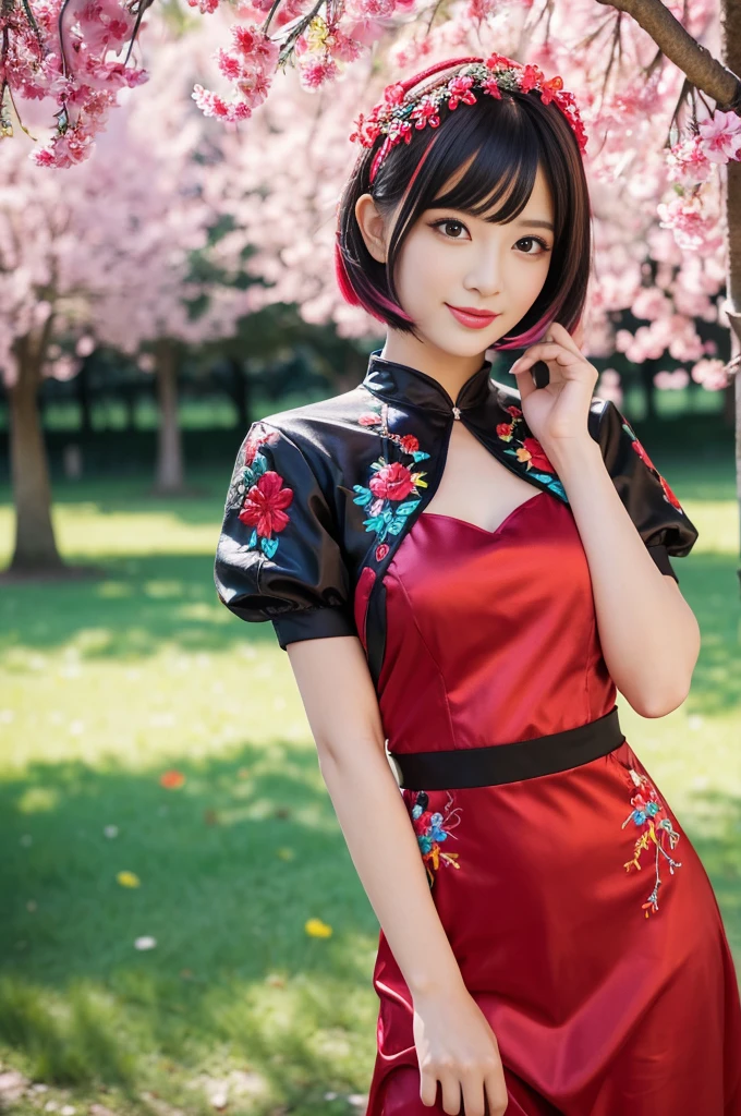 (masterpiece:1.4), (best quality:1.4), ultra high res, ultra high resolution, ((detailed facial features)), HDR, (realistic, photorealistic, photo-realistic:1.37), full body Esbian, sexy swedish model, (-anime), only 1 model, vivid colors, ((vivid colors multicolor very short hair)), beautiful smile, lip-gloss, long lashes, defined eyebrows, wearing large sparkling colorful jewelery, wearing a red silk Paradise Kiss cosplay dress with black floral embroidery, ((vivid colors outfit)), vivid colors, look at the camera, cinematic light, large park background with trees, sweet and sexy pose
