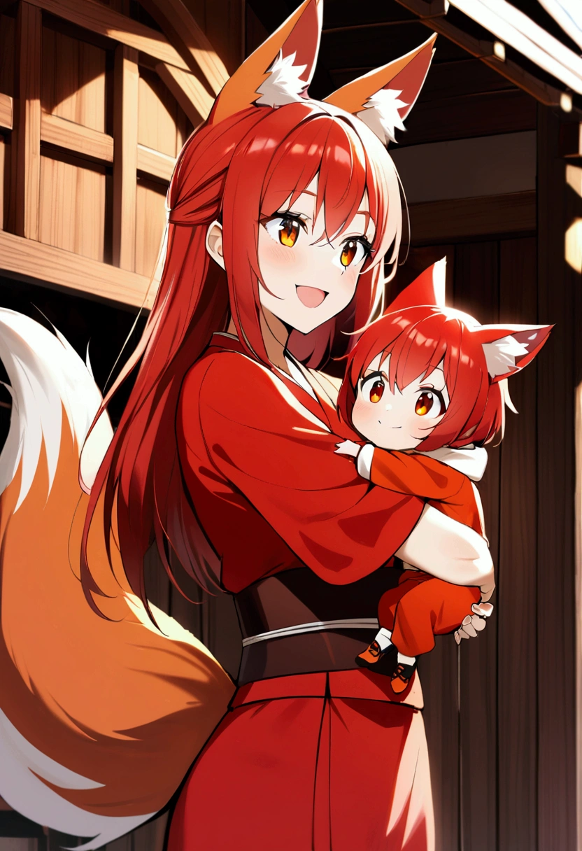 1girl with long red hair, amber eyes, fox ears, fox tail, red kimono, carry children,wooden house, smiling