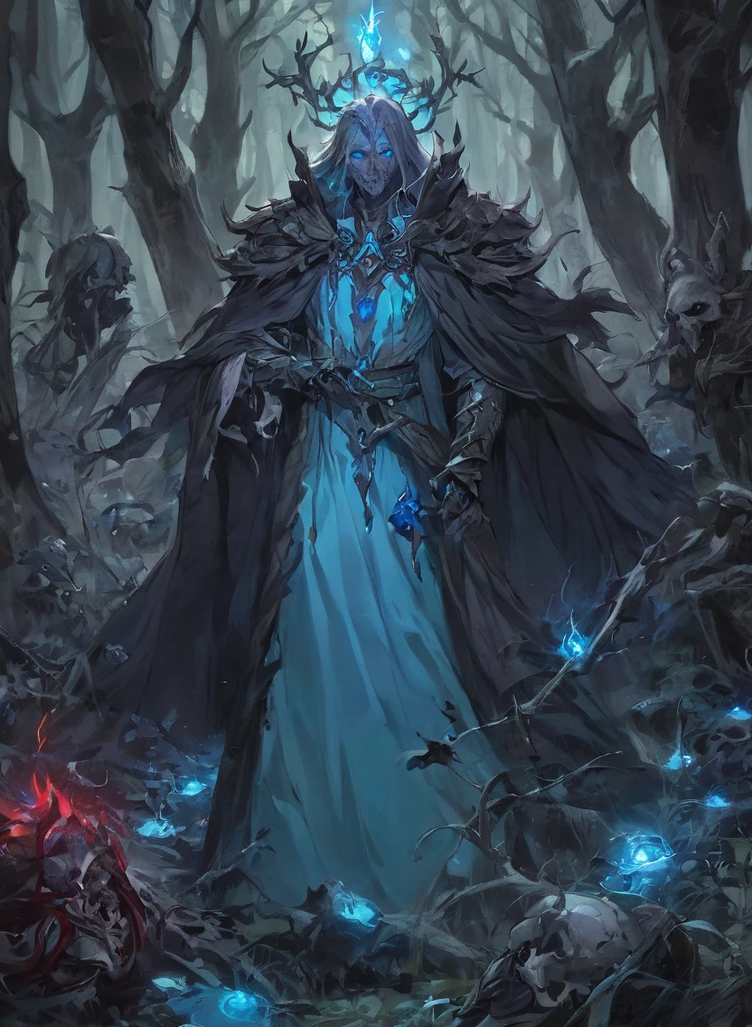 A warlock's patron, an undead king, with glowing blue eyes, in a dark forest, surrounded by a cold, cold color palette, a deadbody army in the background, wearing a bloodstained dress with a blood aura, The flesh is rotting.