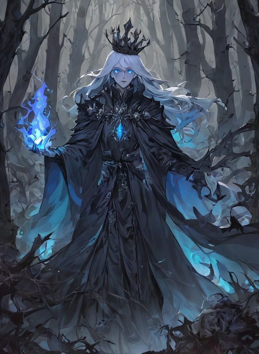 A warlock's patron, an undead king, with glowing blue eyes, in a dark forest, surrounded by a cold, cold color palette, a deadbody army in the background, wearing a bloodstained dress with a blood aura, The flesh is rotting.