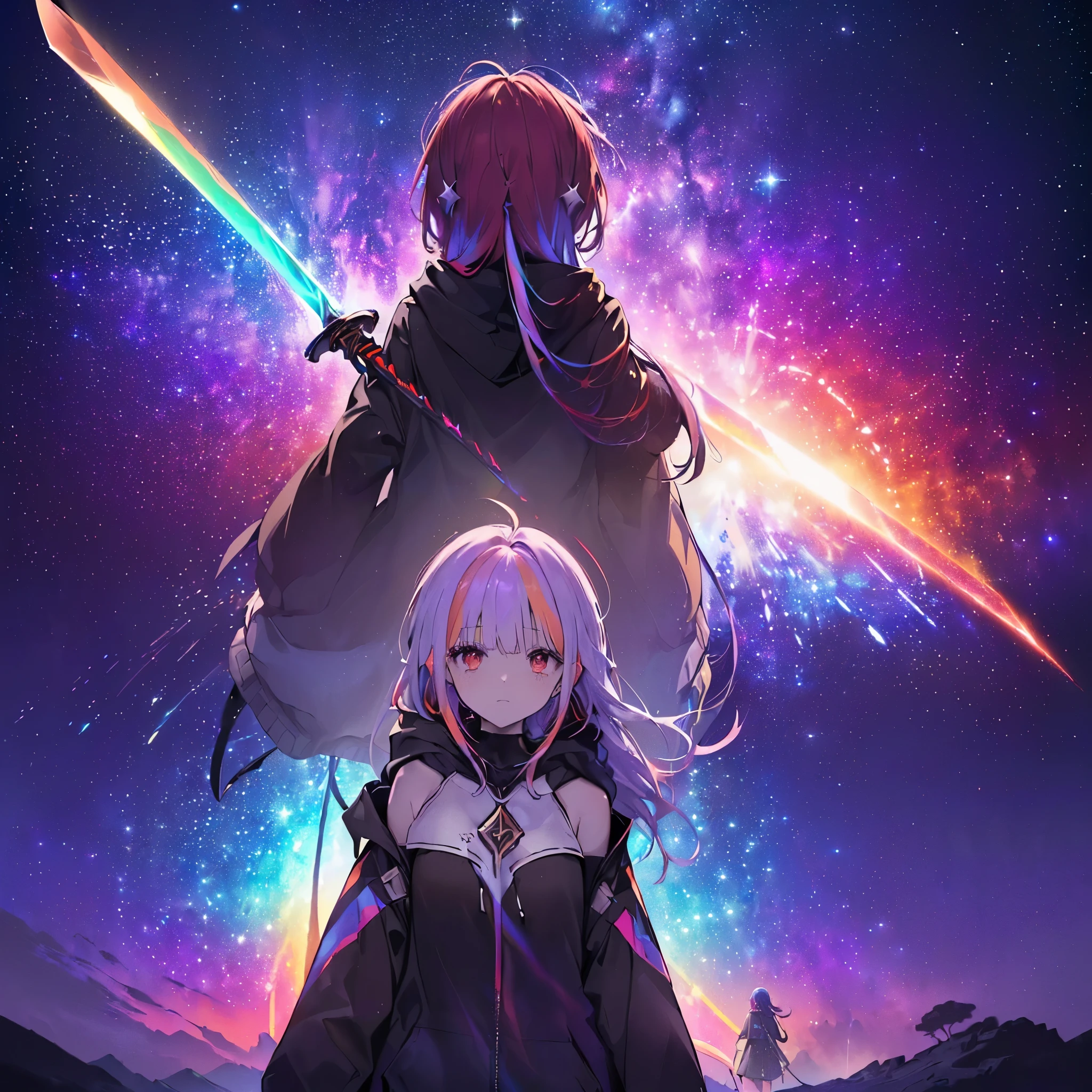 (((((Two Women、back to back、Holding a sword Galaxy Background、Shine))))) ((((Fantasy Rainbow colors、Long Hair Dull red eyes High Neck Hoodie Put on a coat without putting your arms through it)))) (((Lonely despair))) ((tears gloves)) (Distorted Space-Time star moon) Catch the wind Shine背景 Particles of light, Shineエッジ