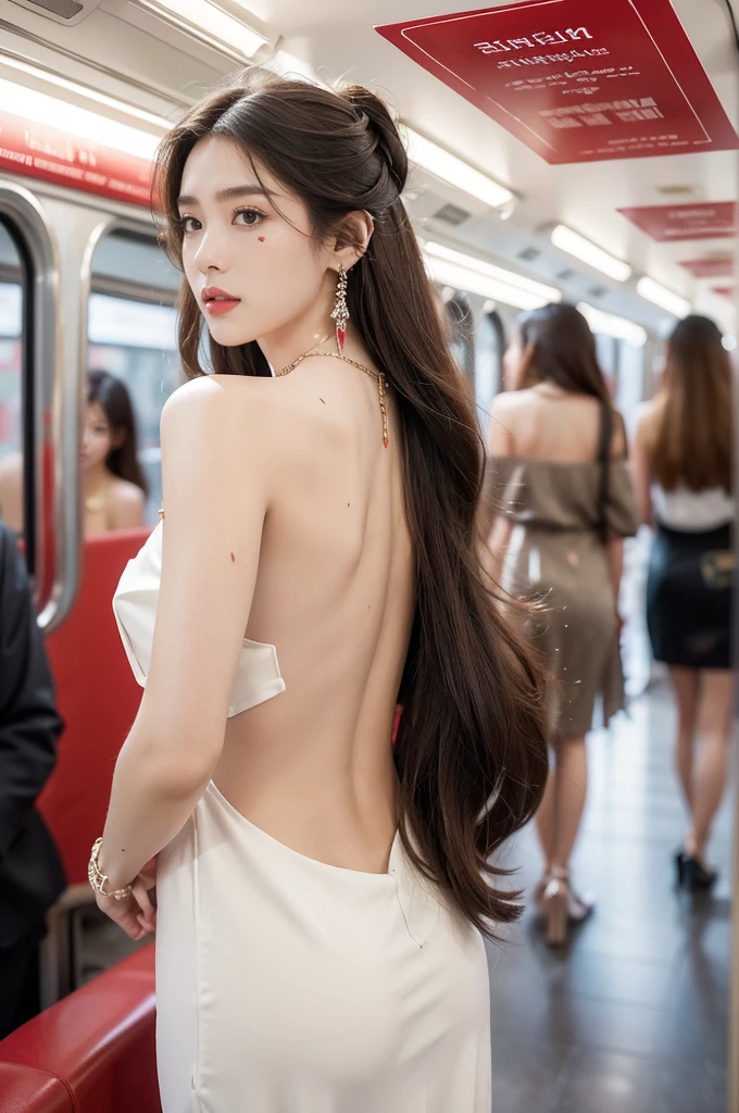 (((best quality))),(((ultra detailed))),(((masterpiece))),illustration,(a stunning girl,solo),(shoulder length straight hair:1.2),((earrings,necklace)),((slim,thin)),((bare back,towering hips,butt crack)),(standing:1.3), ((awkwardly,painful,embarrassed)),(In modern high-speed railway carriages:1.3),(white dress splattered with red paint stains:1.3),(surrounded by crowded crowds:1.3),((from back,upper body))