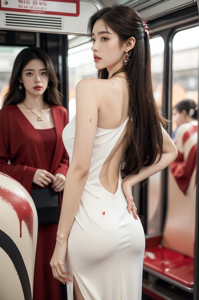(((best quality))),(((ultra detailed))),(((masterpiece))),illustration,(a stunning girl,solo),(shoulder length straight hair:1.2),((earrings,necklace)),((slim,thin)),((bare back,towering hips,butt crack)),(standing:1.3), ((awkwardly,painful,embarrassed)),(In modern high-speed railway carriages:1.3),(white dress splattered with red paint stains:1.3),(surrounded by crowded crowds:1.3),((from back,upper body))