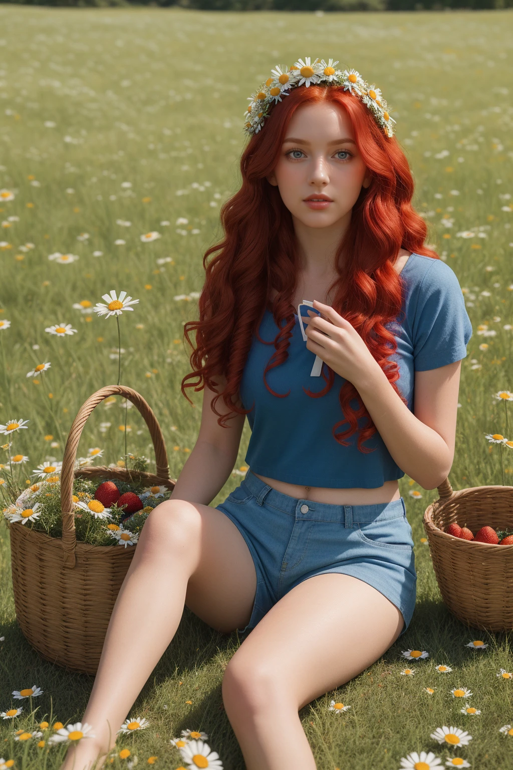 (girl:1.2),One, (long red curly red hair:1.1), Blue eyes, Wear a wreath of daisies on your head, Sitting in a chamomile field, (fruit basket:1.1), blue shorts, Red shirt,,RAW,photographic,photo shadow,valid,Ridiculous,aesthetic,elegant basket in hands