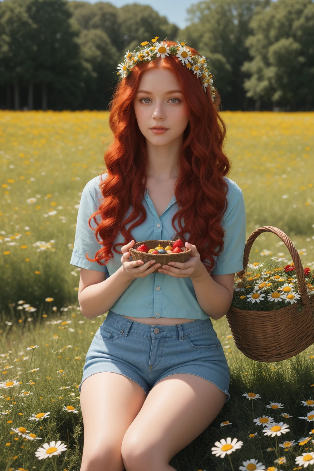 (girl:1.2),One, (long red curly red hair:1.1), Blue eyes, Wear a wreath of daisies on your head, Sitting in a chamomile field, (fruit basket:1.1), blue shorts, Red shirt,,RAW,photographic,photo shadow,valid,Ridiculous,aesthetic,elegant basket in hands

