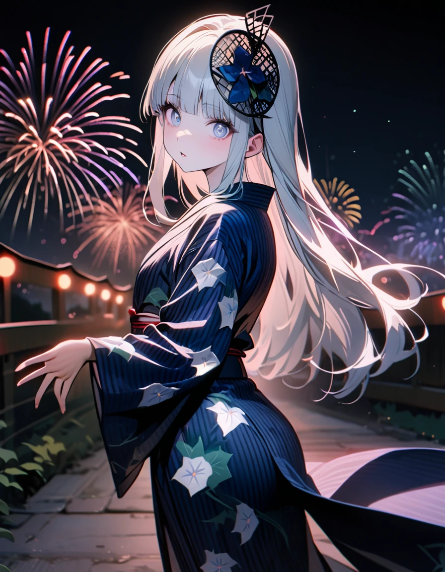 (8K, best quality, master piece: 1.2),super high resolution,1 girl,solo,,ultra-detailed face,detailed eyes,silver eyes,blunt bangs,silver hair,Straight hair,Long hair,pale skin,astonished,(black Fascinator),lash extension,parted lips,BREAK,Morning glory flower pattern navy blue yukata,Japanese clothes,(long sleeve, long hem),cowboy shot,Looking back at the viewer,Reaching out a hand,perfect hands, perfect fingers,pink rim light,(fireworks shining in the nigh tview)