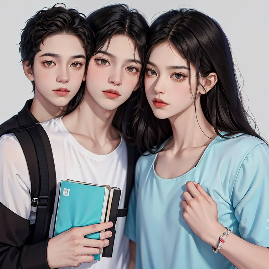 Create a photo of two brothers, they both have black hair and gray eyes. But two very different personalities and styles. They have a three year age gap so make that apparent. One is more hardcore than the other and the other brother is more on the quiet side. The quieter brother is the younger one. He likes poetry and reader and colors like blue and green. The older one is more into stereotypical boy things like sports and working out and the colors black and red. They also wear matching black bracelets/wristbands. They are around 20-23/ college students