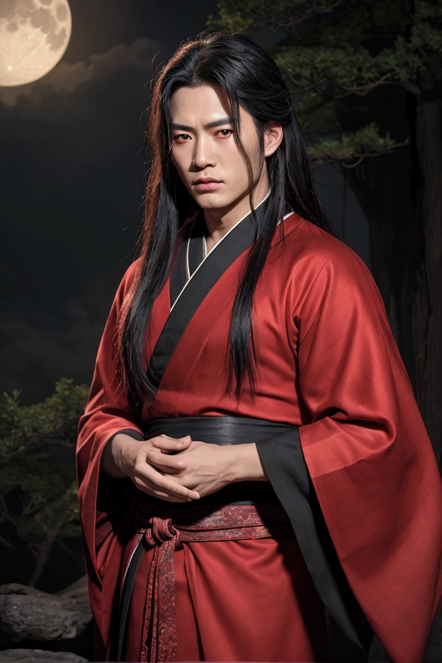 Photographic depiction　Real　The man who looked straight ahead　Absurd, High resolution, Super detailed, High resolution, masterpiece, Highest quality, Highly detailed face, Delicate features, Xue Yu, Ungroomed, spiky hair, Black Hair, Long Hair, Hair between the eyes, Expressive red eyes, Thousand Years War, alone, Sexy man, good looking, Firm chest, black haori, red Fantasy robes, moon, Red water blood, Fantasy, magic, envy magical, forest, Red Dust, red lantern, Red floating round light