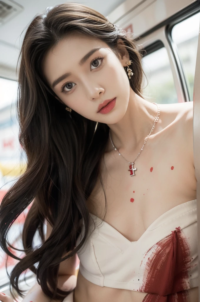 (((best quality))),(((ultra detailed))),(((masterpiece))),illustration,(a stunning girl,solo),(shoulder length straight hair:1.2),((earrings,necklace)),((slim,thin)),((small breasts,flat chest)),(standing:1.3), ((awkwardly,painful,embarrassed)),(In modern high-speed railway carriages:1.3),(strapless white bra splattered with red paint stains:1.3),(surrounded by crowded crowds:1.3),((from front,close-up of face))
