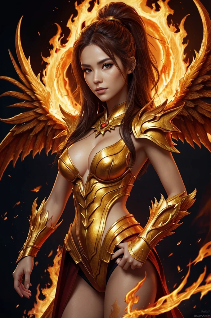 Close-up of a woman with fire and flames on her body., With fiery golden wings. of flame, With fiery golden wings., Grand fantasy art style, concept art | RTM germs, phoenix warrior, extremely detailed RTM germs, Grand fantasy digital art style, Female Master of Change, Full picture of the elementalist, Excellent and neat character art