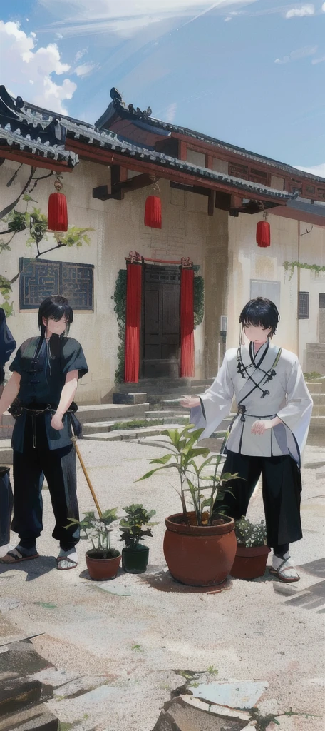 Several people stood around a potted plant in the courtyard, Inspired by Ma Quan, Inspired by Guo Chun, inspired by Guan Daosheng, inspired by Ding Guanpeng, inspired by Shen Quan, Tai Chi, Inspired by Zhang Zongcang, Inspired by Ding Yunpeng, Inspired by Liao Jichun, changquan