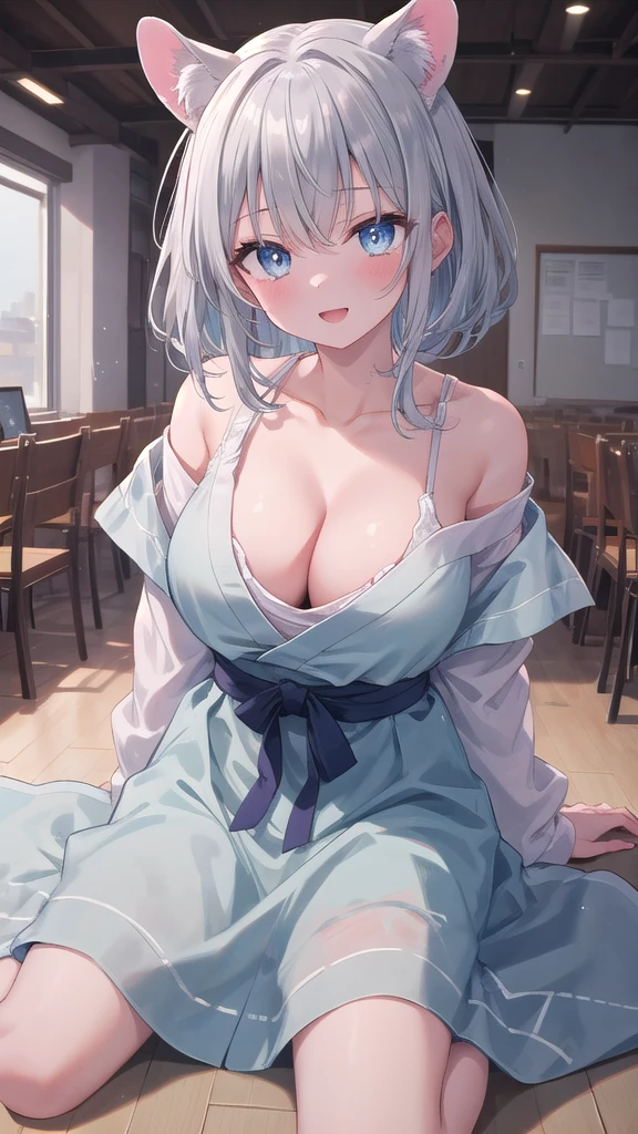 (8k, best quality, master piece: 1.2),super high resolution,1 girl, 独奏, colorshift eyes, hyperdetailed, expressive eyes, ultra-detailed face, Judo、Random hairstyle、silver gay hair, Judo Hall, Ecstatic expression, Collarbone,  cleavage,wariza, cowboy shot