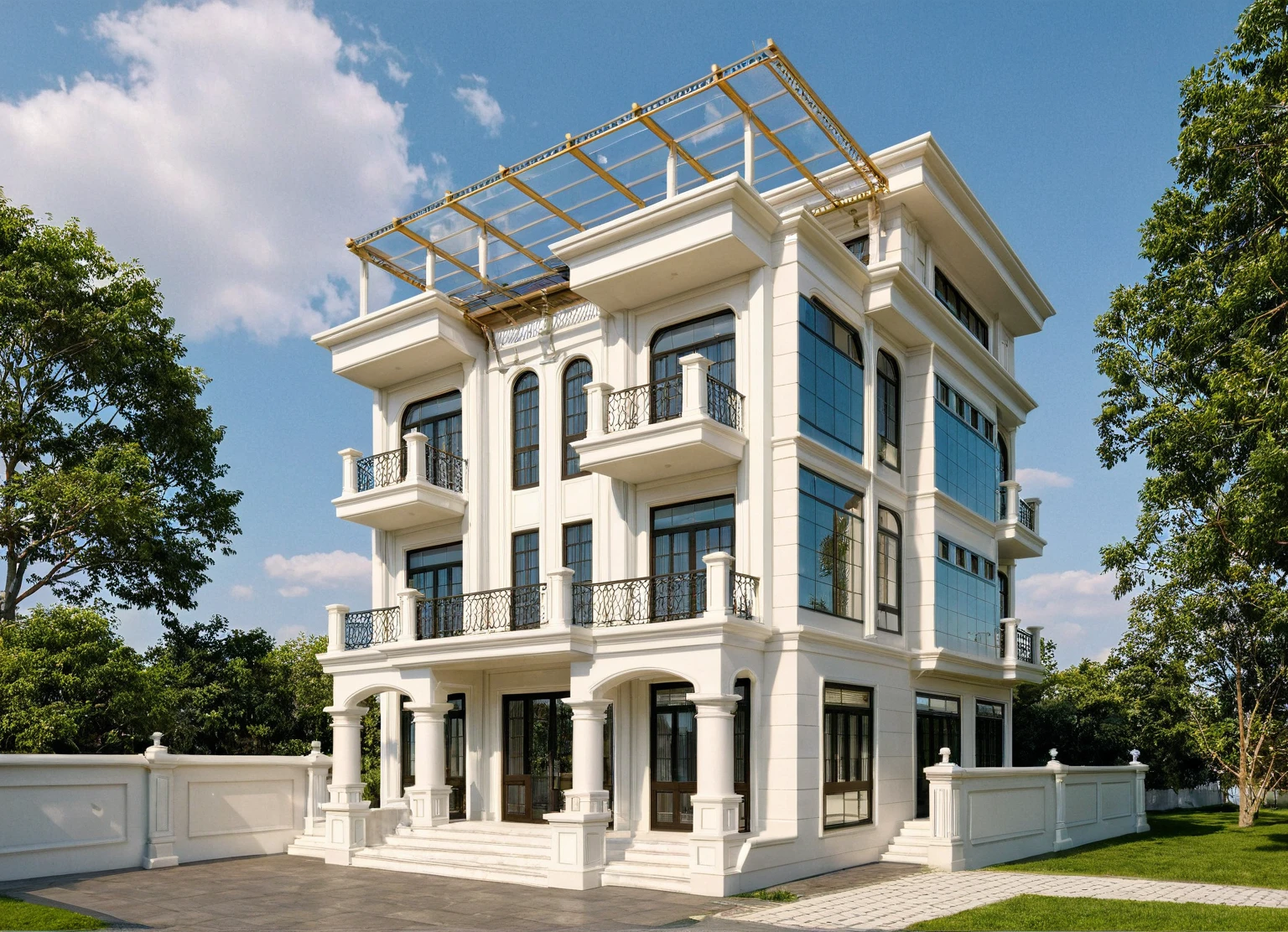 Raw photo, Masterpiece, high quality, best quality, realistic, super detailed, rooftop glass roof
exterior, outdoor, neoclassical style house on the street, aiaigroup
road, sidewalk, grass, trees, sky, clouds, (date:1.1)