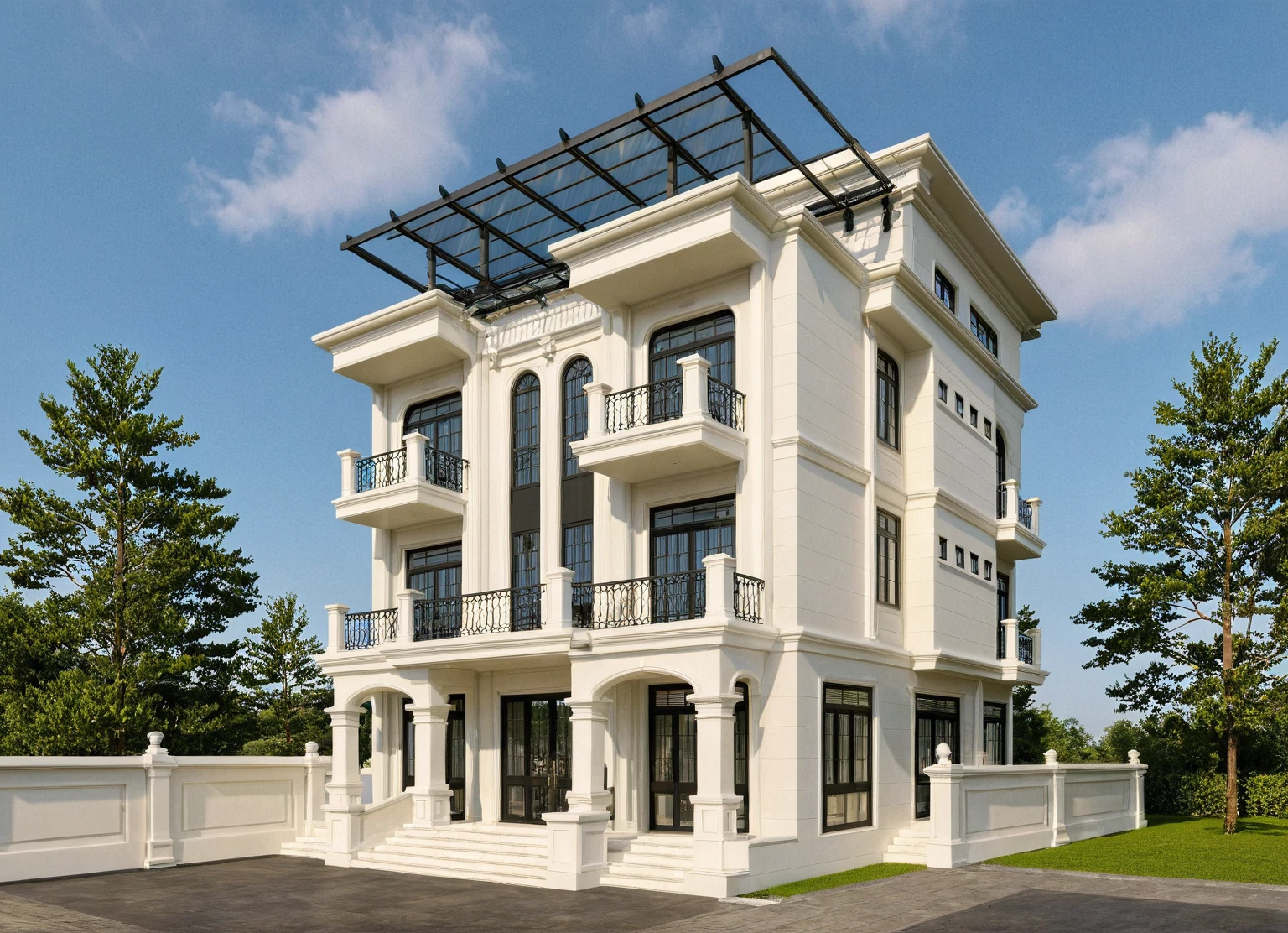 Raw photo, Masterpiece, high quality, best quality, realistic, super detailed, rooftop glass roof
exterior, outdoor, neoclassical style house on the street, aiaigroup
road, sidewalk, grass, trees, sky, clouds, (date:1.1)