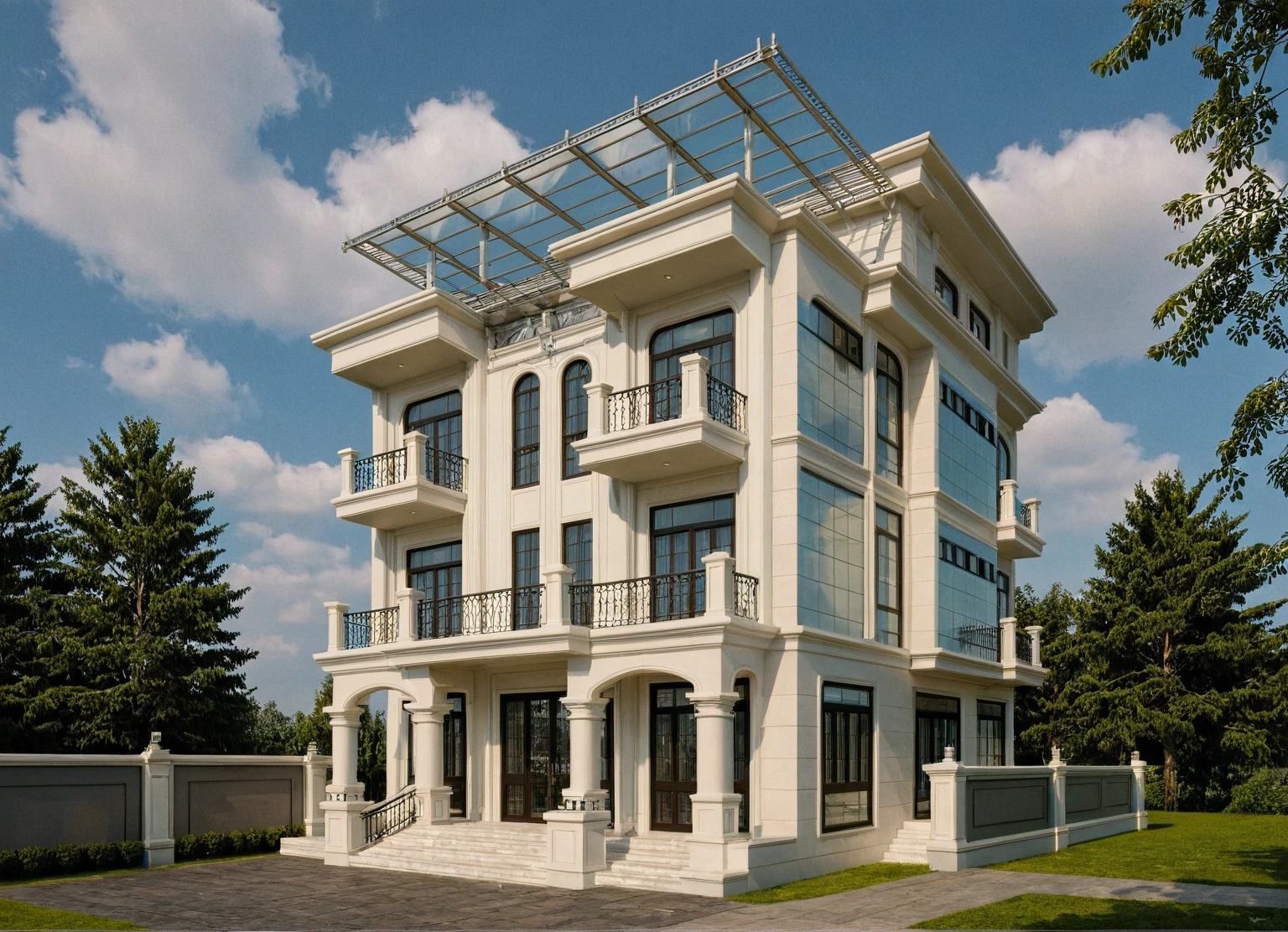 Raw photo, Masterpiece, high quality, best quality, realistic, super detailed, rooftop glass roof
exterior, outdoor, neoclassical style house on the street, aiaigroup
road, sidewalk, grass, trees, sky, clouds, (date:1.1)