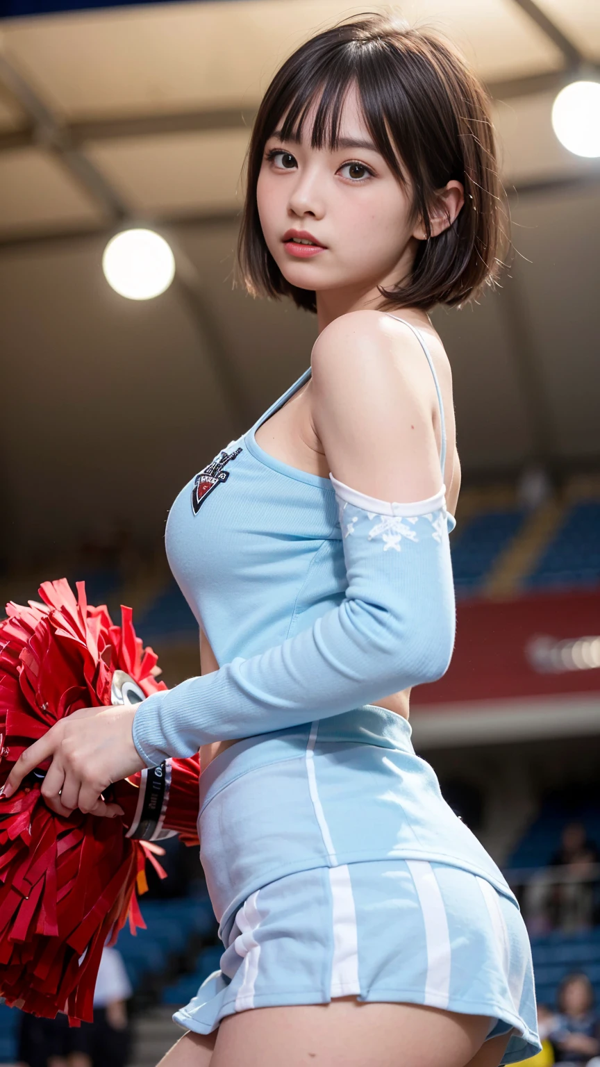 "masterpiece, ultra high res, 8k, RAW photo, best quality, detailed shadow, amazing, finely detail, sharp focus, (standing naturally:1.5), (cowboy shot:1.3), (from below:1.5), (detailed and structured patterns:1.5), (looking at viewer:1.2), BREAK 1girl, (18 years old:1.5), (black medium hair:1.2), (bob cut:1.3), (blunt bangs:1.4), medium breasts, (perfect face:1.4), super detailed beautiful skin, (abs:0.7), (round face:1.5), (skinny:1.5),
((sky blue)cheerleade:1.3), (very tight Show off skin on shoulders, back, and décolletage cheerleade:1.3), (long sleeve tops cheerleade:1.3), (Skirt with a switch at the hem-cheerleade:1.3), (blue, white, red, cheerleade velor fabric cheerleade:1.4), (indoor stadium:1.4), (beam:1.5)"