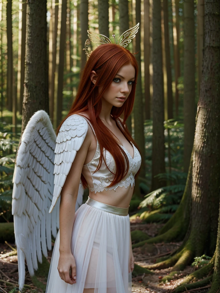 woman with red hair and angel wings in a forest, girl with angel wings, wearing angel halo, angel themed, angel-themed, white wings, wearing angel, portrait of a beautiful angel, fantasy photoshoot, wearing angel halo covered face, beautiful female angel, winged girl angel,  angel wings