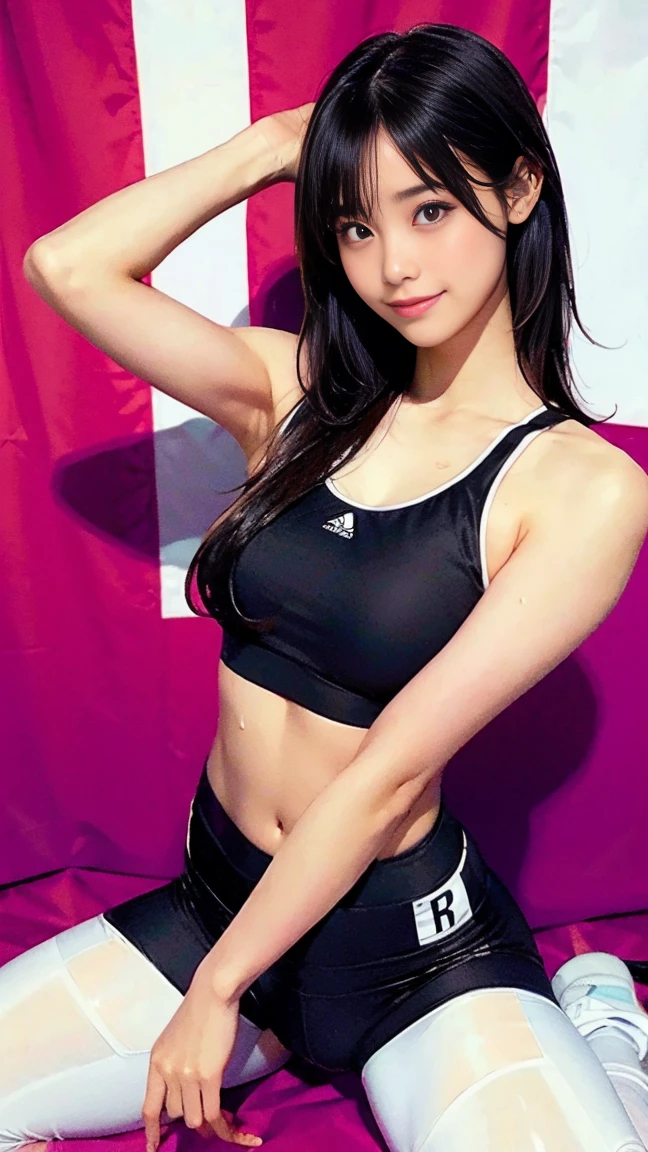 1 girl、A beautiful girl stretching his back、sweat、black long hair、wavy hair,Idol level cuteness、slender、well-shaped breasts、bellybutton、My small white sports bra is see-through with sweat.、underboob、erect nipples、long leggings、Sports sneakers、anatomically correct、accurate limbs and fingerasterpiece、full body portrait、In the gymnasium、smile