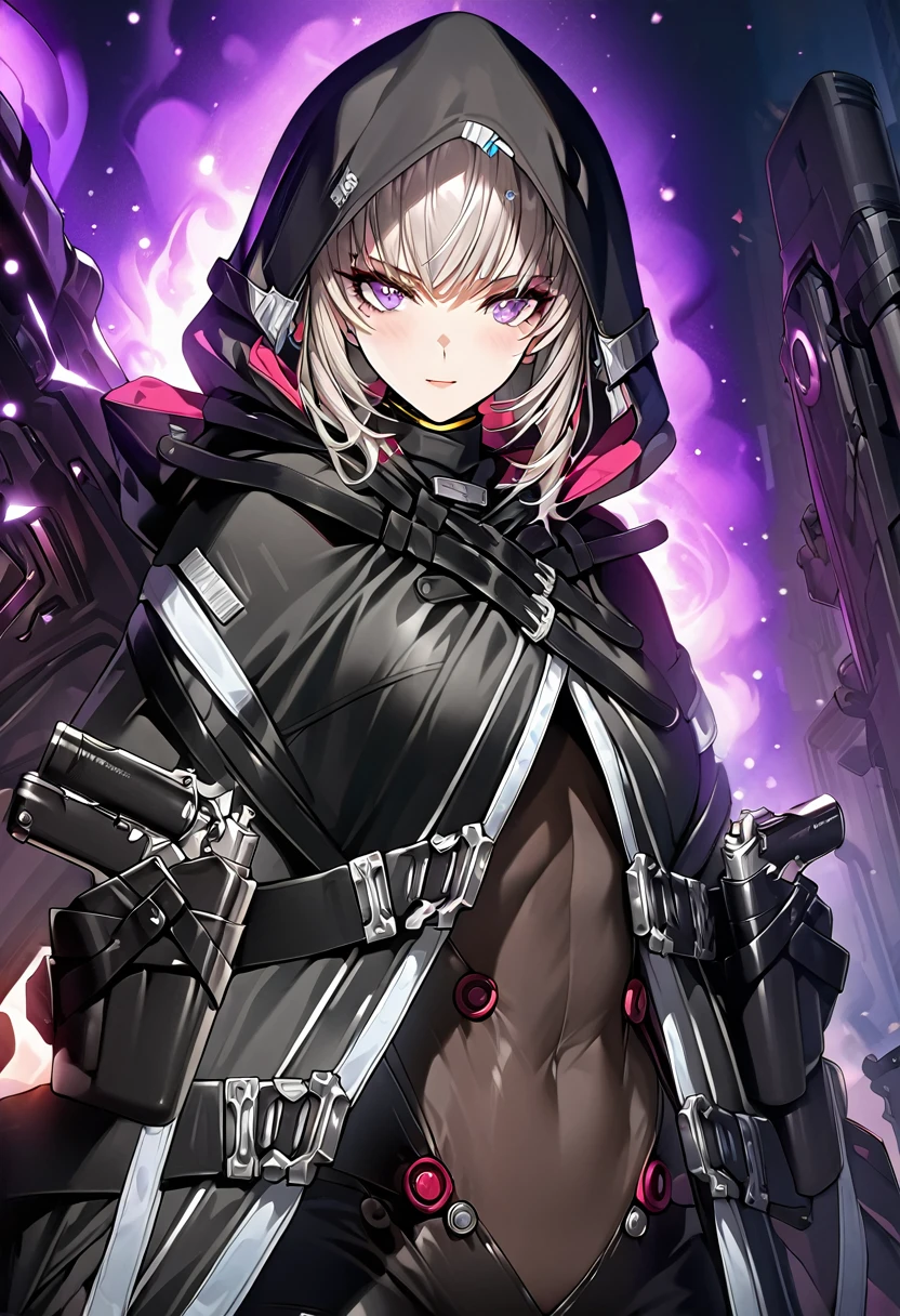 absurdres, by famous artist, exquisite, cowboy shot, hood, jacket, body suit, black clothes, black wear, weapon,(((purple eyes))), masterpiece, super fine illustration, ultra high res, masterwork, best quality, cg unity 8k wallpaper, official art, ultra detailed, finely quality eyes, (((accurate face parts))), (((perfect face, perfect eyes))), ultra detailed beautiful face, ultra detailed beautiful eyes, (((clear eyes, light eyes))), (((even eyes, symmetrical eyes))), (((breasts))), gleaming skin, oil skin, shiny skin, (((black pantyhose, black tights))), beautiful and aesthetic, High quality, extremely detailed, extremely detailed cg unity 8k wallpaper, super detailed skin, hdr, highers, extremely detailed beautiful face, 16k, finely detail, Amazing, top quality, distinct image, vibrant details, professional art, finely detailed face, a face of perfect proportion, high detailed face, beautiful, extremely detailed beautiful girl, ultra detailed beautiful girls, absolutely resolution, illustration, increase cinematic lighting quality, exquisite detail, hyper detailed, high detail, shiny eyes,