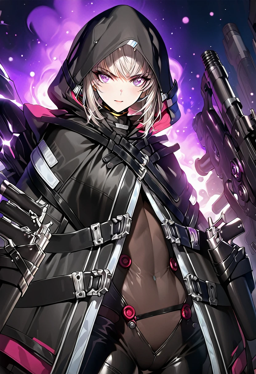 absurdres, by famous artist, exquisite, cowboy shot, hood, jacket, body suit, black clothes, black wear, weapon,(((purple eyes))), masterpiece, super fine illustration, ultra high res, masterwork, best quality, cg unity 8k wallpaper, official art, ultra detailed, finely quality eyes, (((accurate face parts))), (((perfect face, perfect eyes))), ultra detailed beautiful face, ultra detailed beautiful eyes, (((clear eyes, light eyes))), (((even eyes, symmetrical eyes))), (((breasts))), gleaming skin, oil skin, shiny skin, (((black pantyhose, black tights))), beautiful and aesthetic, High quality, extremely detailed, extremely detailed cg unity 8k wallpaper, super detailed skin, hdr, highers, extremely detailed beautiful face, 16k, finely detail, Amazing, top quality, distinct image, vibrant details, professional art, finely detailed face, a face of perfect proportion, high detailed face, beautiful, extremely detailed beautiful girl, ultra detailed beautiful girls, absolutely resolution, illustration, increase cinematic lighting quality, exquisite detail, hyper detailed, high detail, shiny eyes,