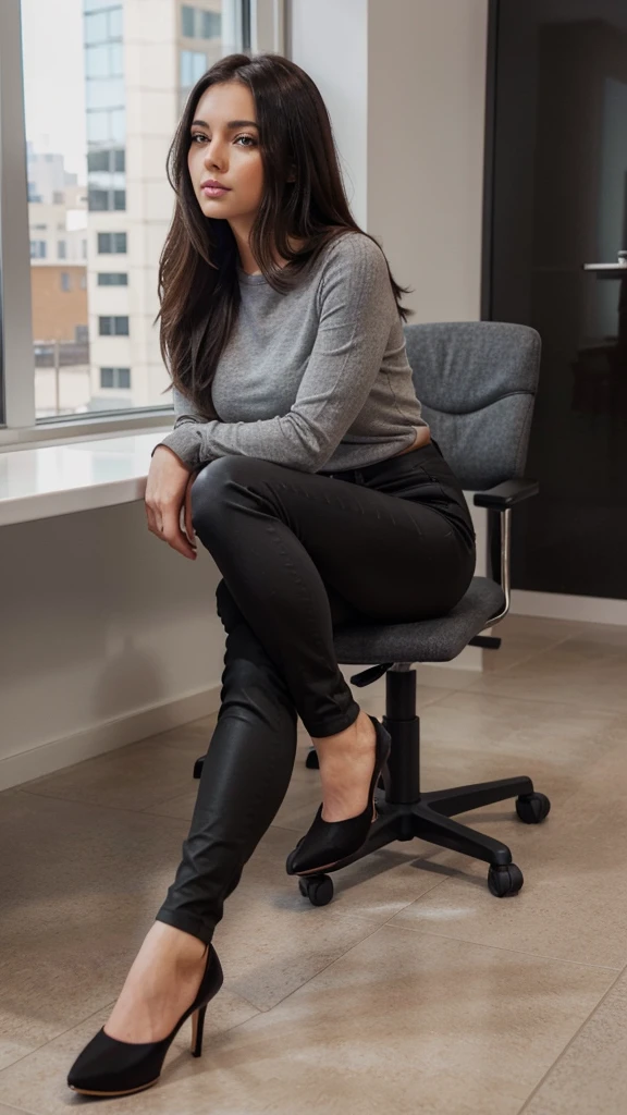 Brunette using a grey tight caffarena. straight black hair. black office pants. black peep toe heels. sitting, leg crossed. Instagram style photo, detailed face, UHD, front view