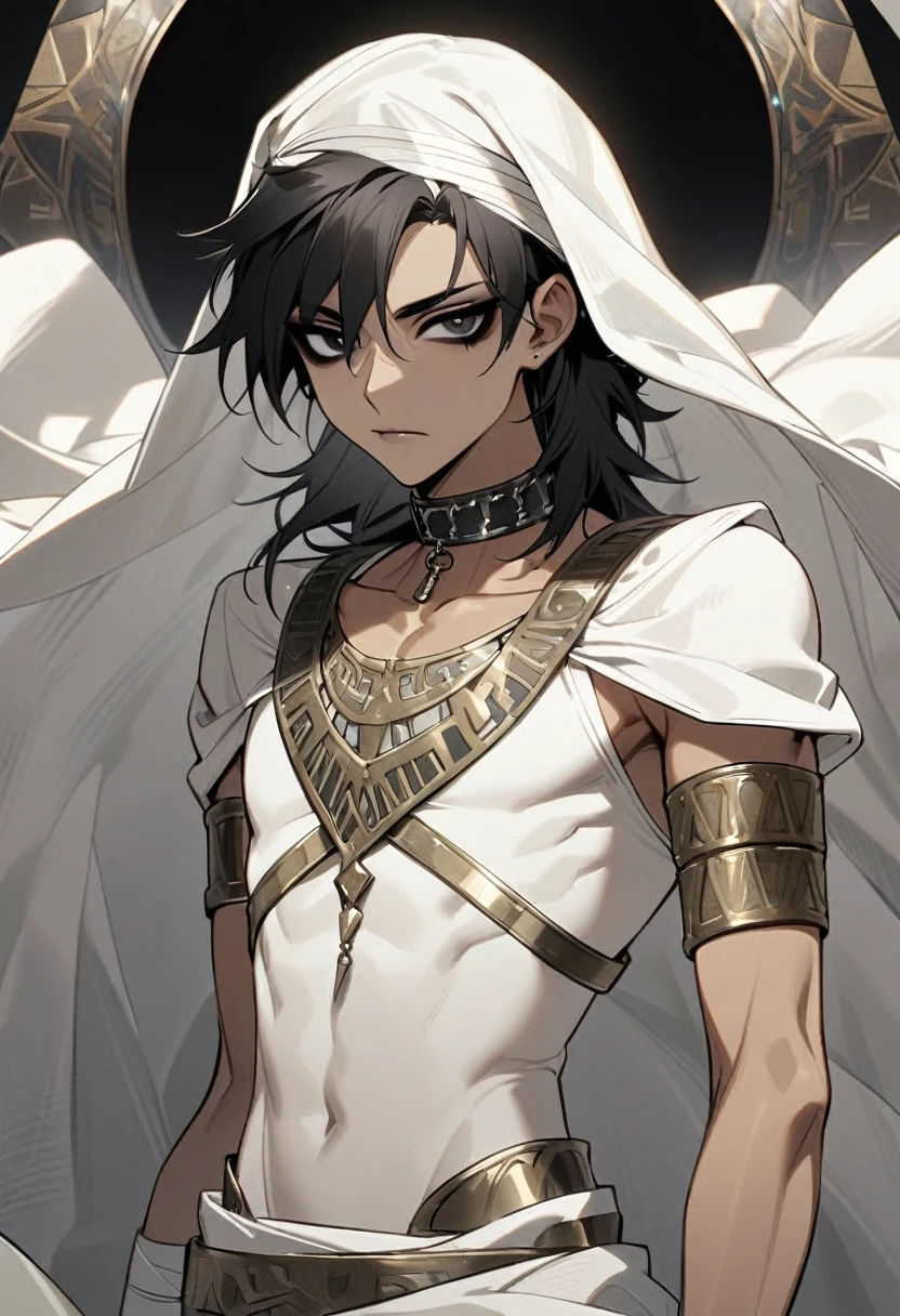 Male arab warrior, medivial, white short balaclava, white bandage, white clothes, medium black hair, thin waist, skinny body, femboy, light skin, makeup, black eyeliner, big eyelashes, black eyeshadow, metal choker, light tanned skin