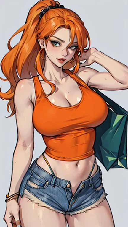 ((Orange hair)), green eyes, long hair up to half, Big bust, ((full lips)), ((masterpiece)), ((detailed)), ((tank top)), ((open jean shorts)), ((Best Quality)), ((shopping outside)), very big breasts, ((bright)), (pretty eyes), looking at the viewer