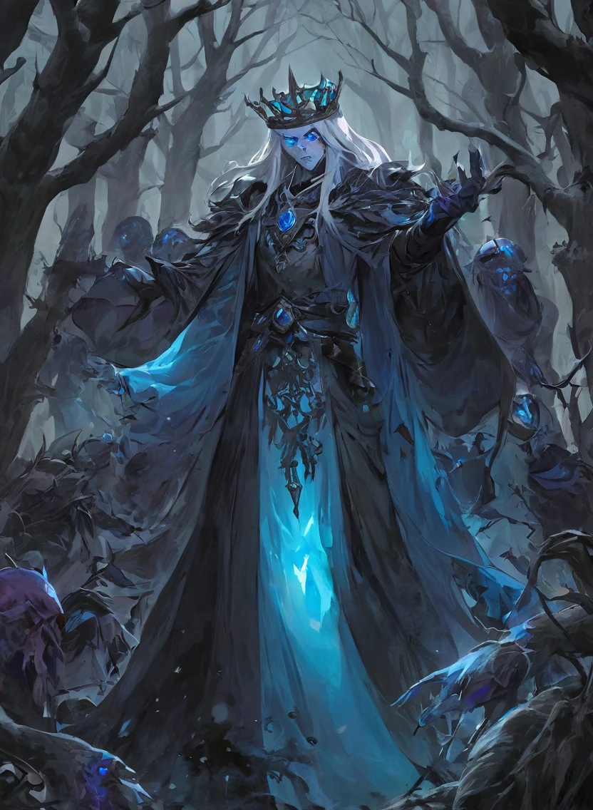 A warlock's patron, an undead king, with glowing blue eyes, in a dark forest, surrounded by a cold, cold color palette, a deadbody army in the background, wearing a bloodstained dress with a blood aura, The flesh is rotting.