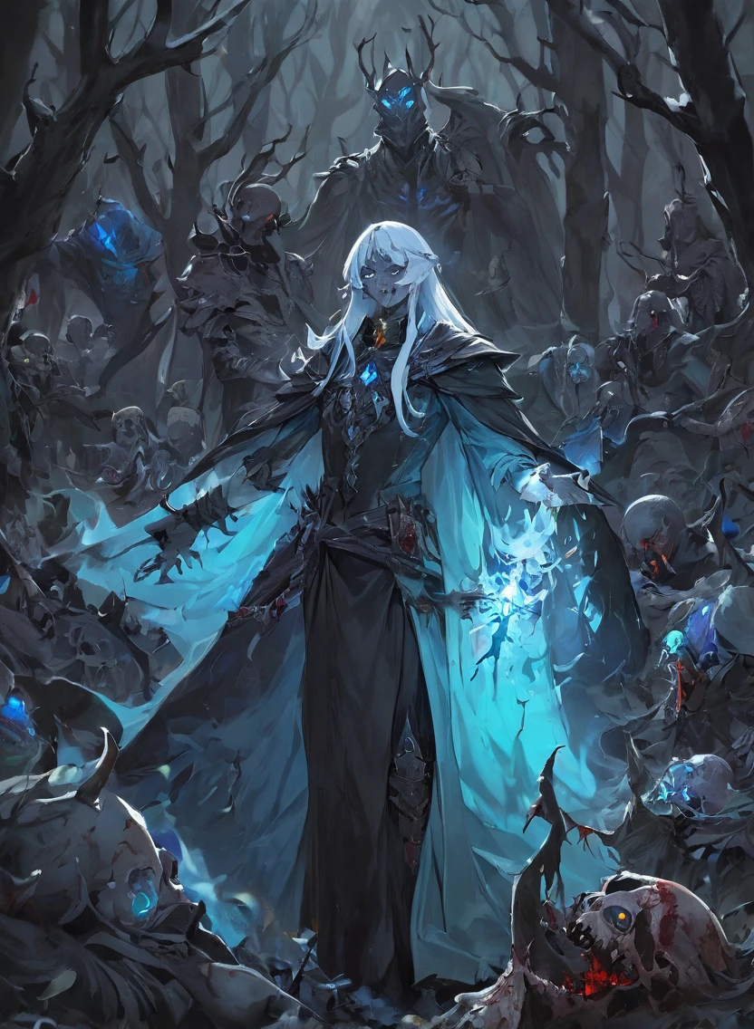 A warlock's patron, an undead king, with glowing blue eyes, in a dark forest, surrounded by a cold, cold color palette, a deadbody army in the background, wearing a bloodstained dress with a blood aura, The flesh is rotting.