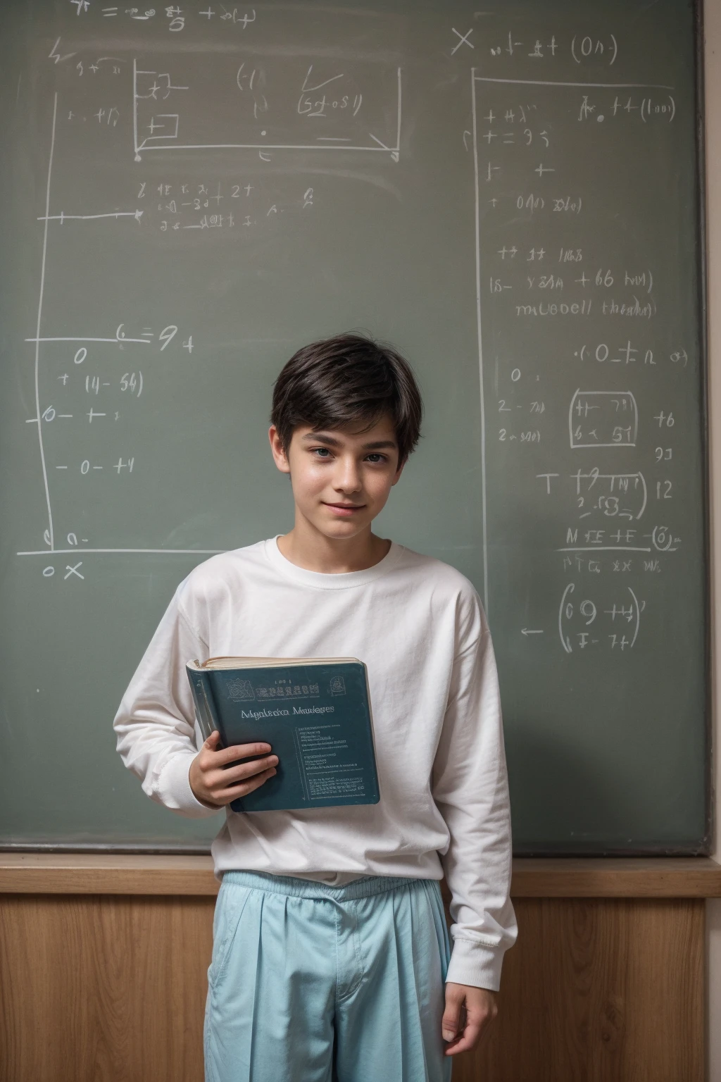 A beautiful young male twink with black hair, wearing a long-sleeved white cotton shirt and brown pants. He is in his office, sitting at a desk and studying general medicine. Behind him is a blackboard with calculus written on it. He looks on proudly, with a face with reddish makeup.