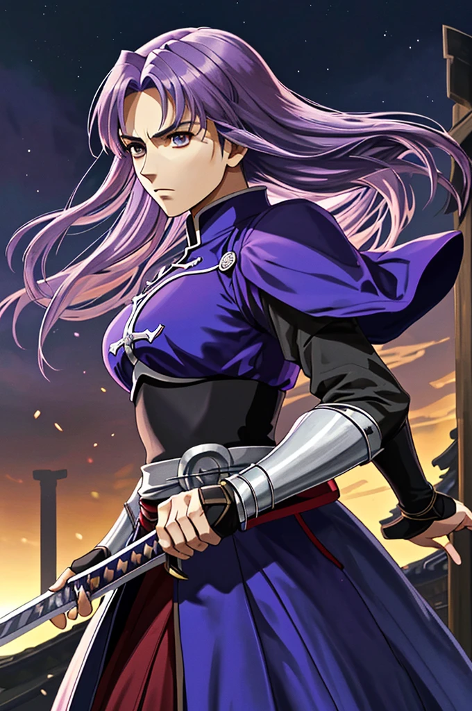 Highest quality,High resolution, ((Fate stay night)) ,(Assassin),One person,Zuo々Kojiro Ki,warrior,(blue_coat),male,One personで,Middle Age,strongest,Anime Style,(purple_Hair Color)(Night Sky_background),(Limbs),(Full Finger),(Accurate fingertips), (The finer details), (Super detailed),(Japanese sword:),4K,(high resolution),whole body, (Front angle), Looking at the camera,masterpiece,(Subtle details),(Intricate details),Octane Rendering,(Hyper Detail),