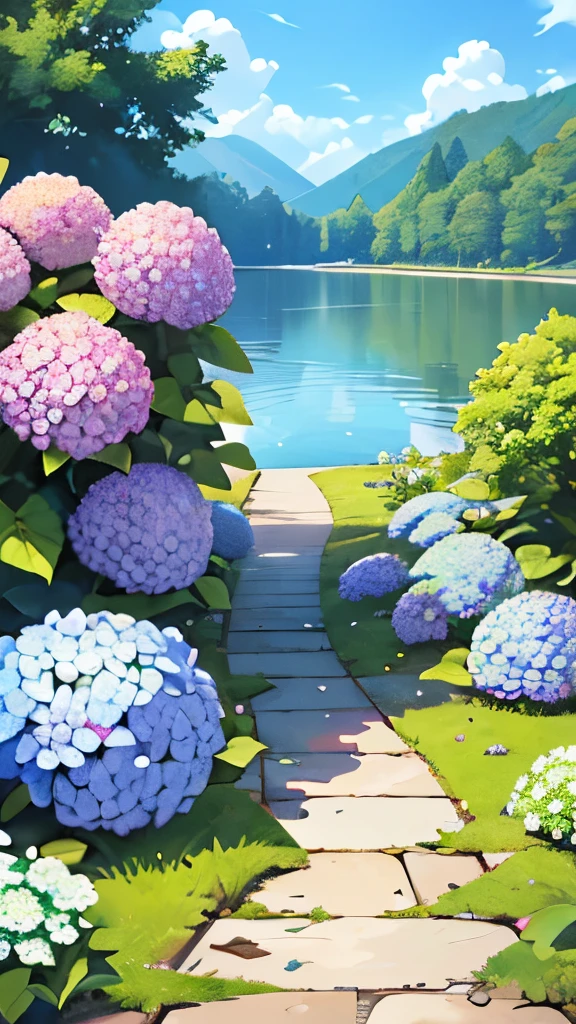 Hydrangeas, Park, lake, small hill, pebble path, anime, masterpiece, Best quality, Anatomically correct, high detail, 8 K, wallpaper