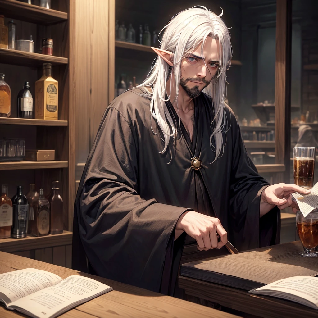 1 guy, Half elf, sleepy white eyes, Wise man, neck-length hair, messy hair, thin beard, drunkard, mediaval, Dress neatly, Wearing a black shirt and robe, white hair, lazy face, looks like haymitch from hungger game, alone at bar reading a book