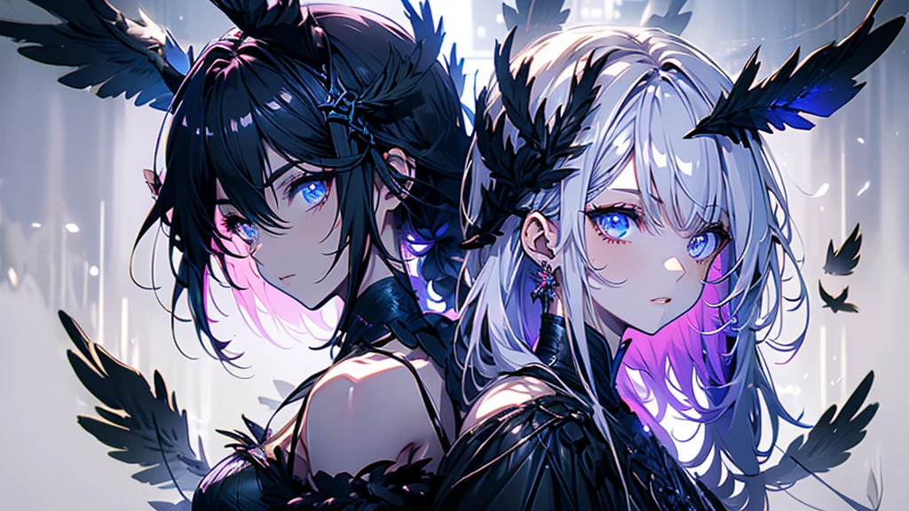 A dark fallen angel standing in a dark temple。Flying in the sky。Black wings growing from its back。Looking at this。Hair is black。