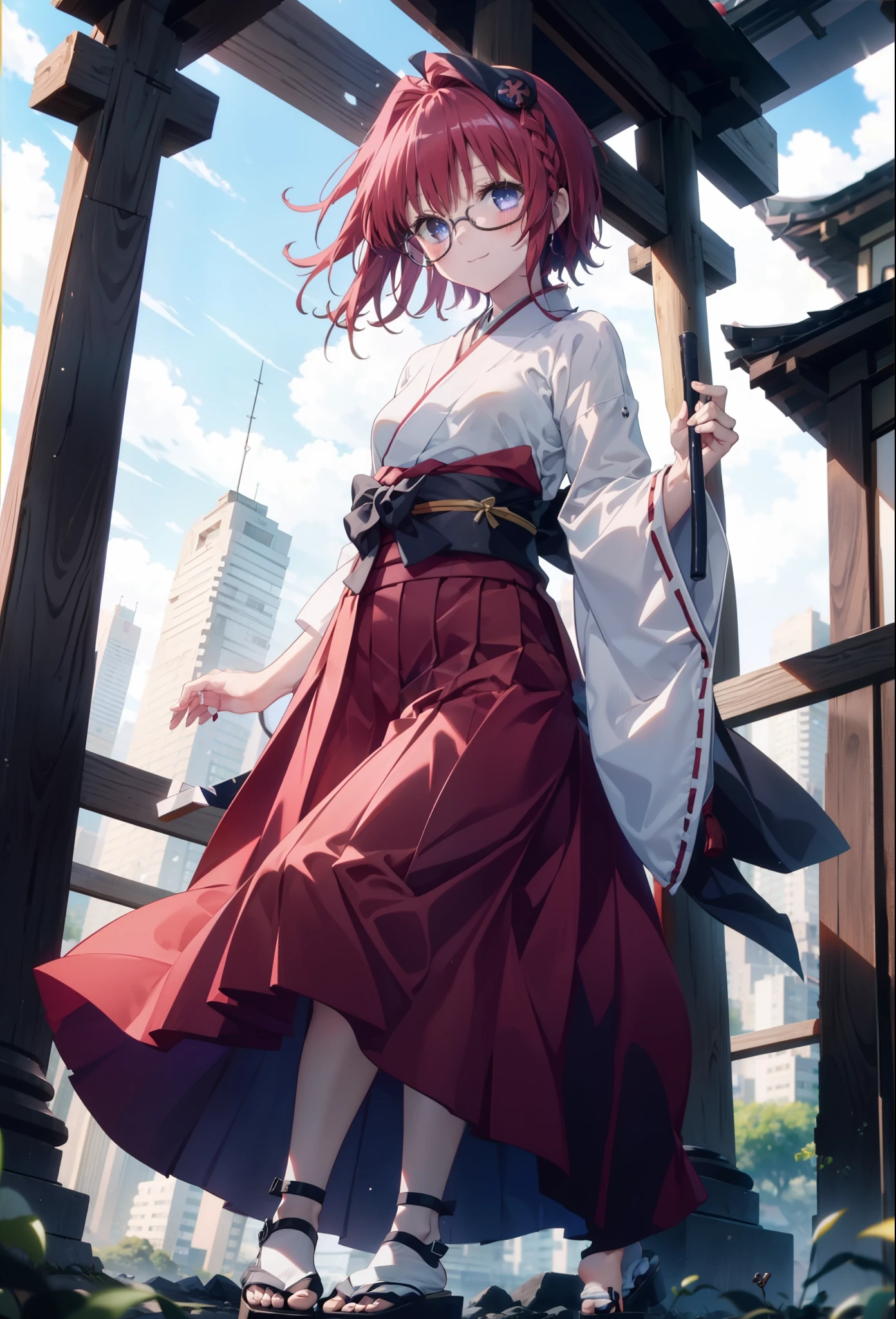 Meia Kurosaki,Meia Kurosaki,Redhead,Long Hair,Long braids,Purple eyes,Glasses, (Small breasts:1.2),Shrine maiden, 白いkimono, kimono, As with the skirt, Wide sleeves, Long sleeve, Red too,Long skirt,White tabi,Sandals,smile,blush,Sleeves edged with ribbon, whole bodyがイラストに入るように,
break looking at viewer,whole body,
break outdoors, shrine,torii,
break (masterpiece:1.2), Highest quality, High resolution, unity 8k wallpaper, (shape:0.8), (Beautiful attention to detail:1.6), Highly detailed face, Perfect lighting, Extremely detailed CG, (Perfect hands, Perfect Anatomy),