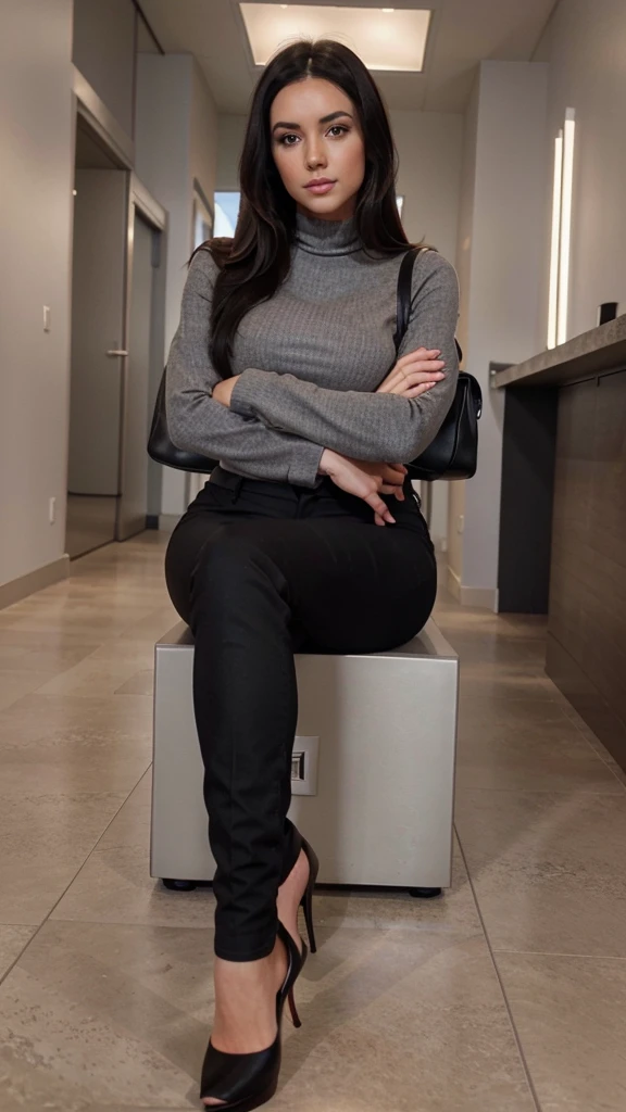 Brunette using a grey tight caffarena. straight black hair. black office pants. black peep toe heels. sitting, leg crossed. Instagram style photo, detailed face, UHD, front view