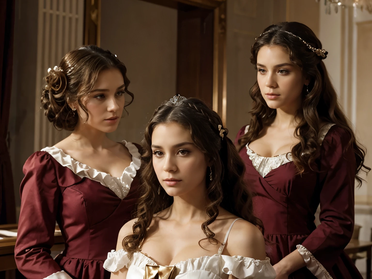 dramatic composition, Dresses in court style, royal, fabulous, каскадные frill, frill, bows, Crystal chandeliers, Roman curly hairstyles, I'll put it, Double tails, like drills, look into the camera, bang, maximalism, Palace background, delicate drawing of hair and eyes, princess dresses, fabulous skirts, Flowers in hand, smiles, Starry eyes, cinematic light, extreme detail, a high resolution, happy girl, Very long hair, Diamonds, broken Diamonds, crystal fragments, Light particles