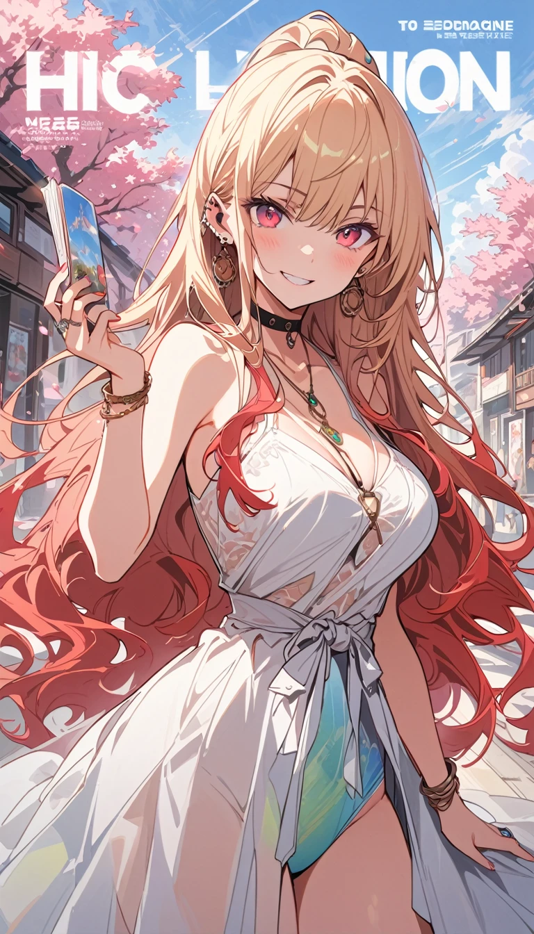 masterpiece, Highest quality, whole body, One girl, bangs, black choker, blush, bracelet, chest, choker, clothes The surrounding area waist, clavicle, Cowboy Shot, ear Earrings, Eyebrows visible through hair, Gradient Hair, Grin, fix, jewelry, Kogal, Long Hair, View Viewer, Earrings, Red eyes, ring, , smile, alone, street, null, cherry blossoms, petal,figure, (magazine:1.3), (cover-style:1.3), fashionable, woman, Vibrant, Pause, front, colorful, dynamic, background, element, have confidence, Performance, Holding, statement, accessories, Majestic, Coiled, The surrounding area, touch, scene, article, cover, bold, to attract attention, title, stylish, font, Catchy, Heading, big, impressive, Modern, trend, concentrated, fashion,((masterpiece)), Highest quality, Absurd, Super detailed, Holographic, Cowboy Shot, ダイナミックなPause, Golden Ratio, Very cute girl, Mature Girls, Very beautiful, Super beautiful asian girl with super beautiful purple eyes, Very beautiful hair, Shiny skin, High Ponytail, nice and sexy body, Slim and delicate body, Perfect body, Cute Panties, Fox Headset, Get your picture taken in a cute alien spaceship,naked,Big Breasts,Sexy
