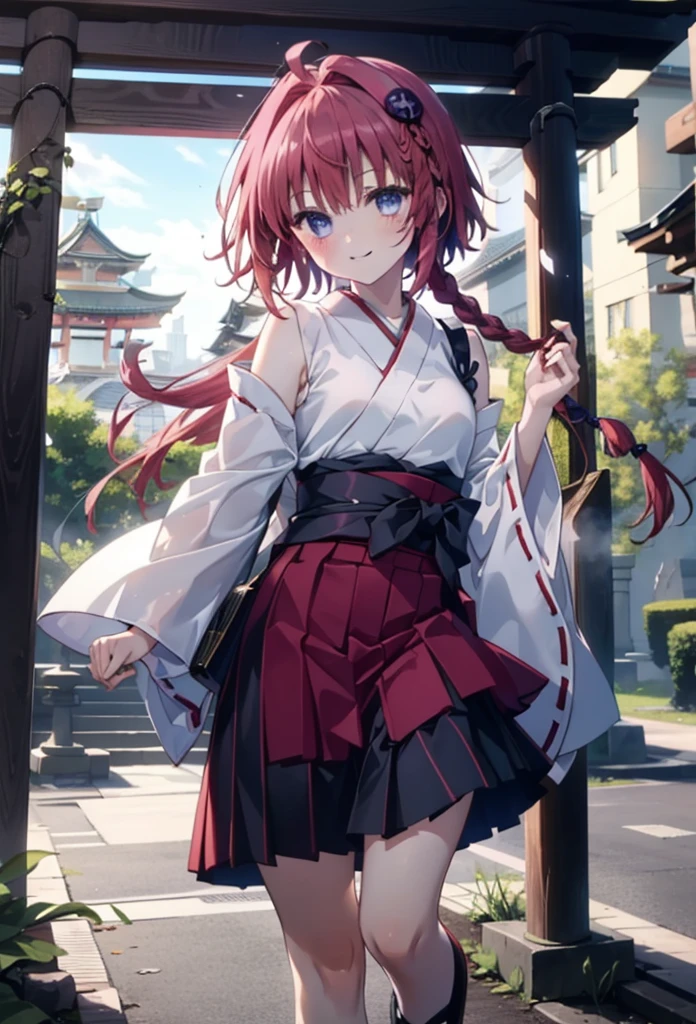Meia Kurosaki,Meia Kurosaki,Redhead,Long Hair,Long braids,Purple eyes,Glasses, (Small breasts:1.2),Shrine maiden, 白いkimono, kimono, As with the skirt, Wide sleeves, Long sleeve, Red too,Long skirt,White tabi,Sandals,smile,blush,Sleeves edged with ribbon, whole bodyがイラストに入るように,
break looking at viewer,whole body,
break outdoors, shrine,torii,
break (masterpiece:1.2), Highest quality, High resolution, unity 8k wallpaper, (shape:0.8), (Beautiful attention to detail:1.6), Highly detailed face, Perfect lighting, Extremely detailed CG, (Perfect hands, Perfect Anatomy),