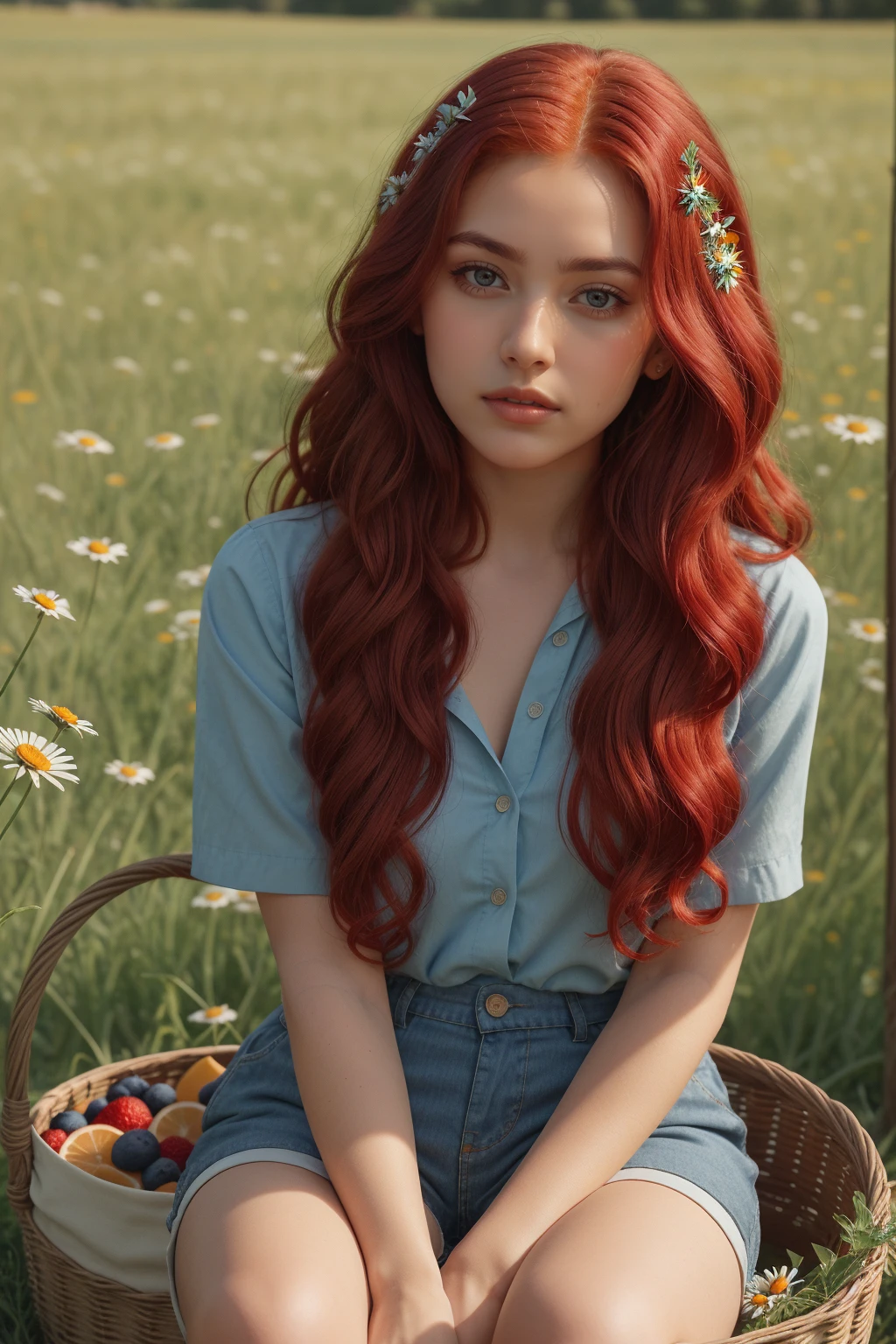 (girl:1.2),One, (long red curly red hair:1.1), Blue eyes, Wear a wreath of daisies on your head, Sitting in a chamomile field, (fruit basket:1.1), blue shorts, Red shirt,,RAW,photographic,photo shadow,valid,Ridiculous,aesthetic,elegant