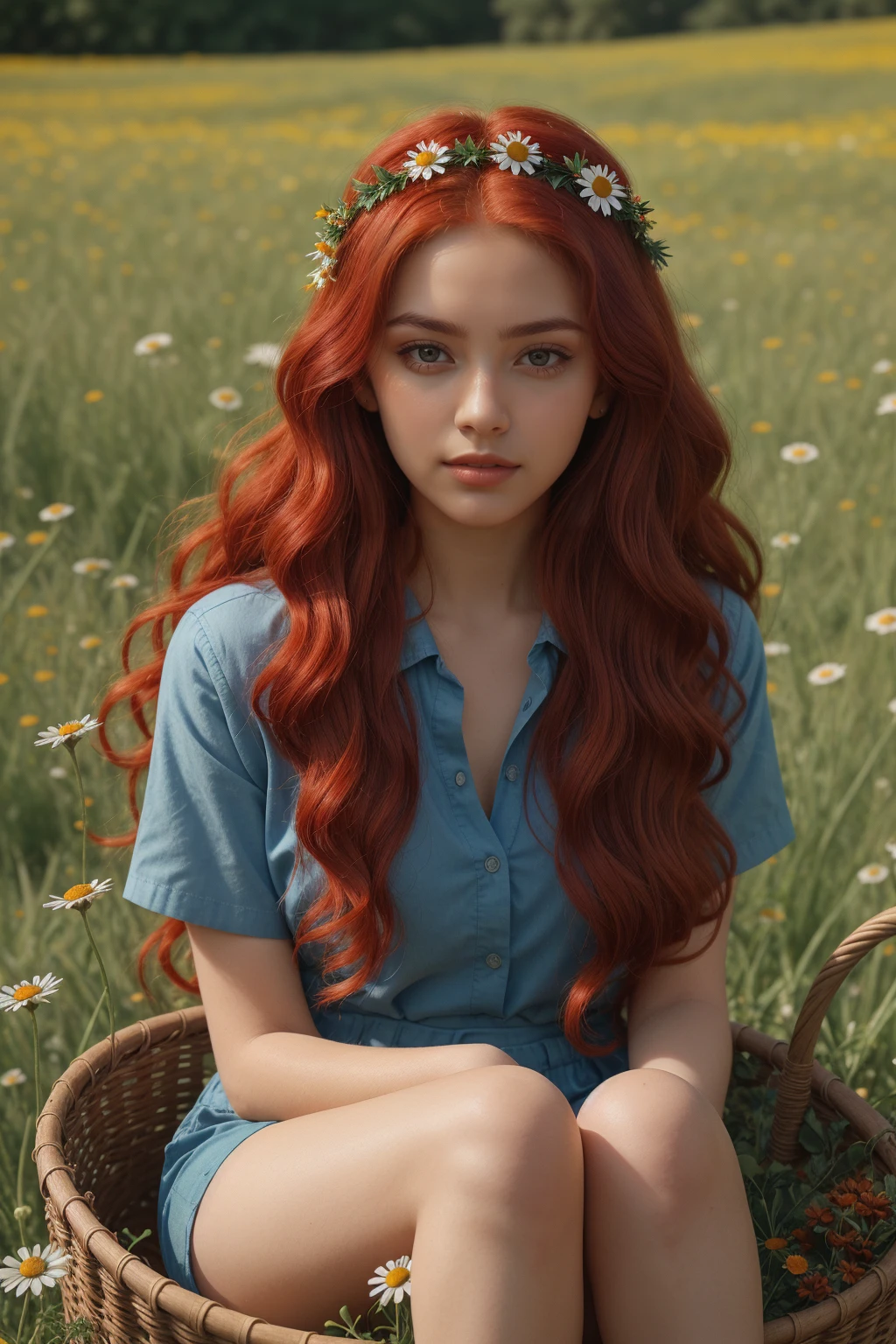 (girl:1.2),One, (long red curly red hair:1.1), Blue eyes, Wear a wreath of daisies on your head, Sitting in a chamomile field, (fruit basket:1.1), blue shorts, Red shirt,,RAW,photographic,photo shadow,valid,Ridiculous,aesthetic,elegant 
