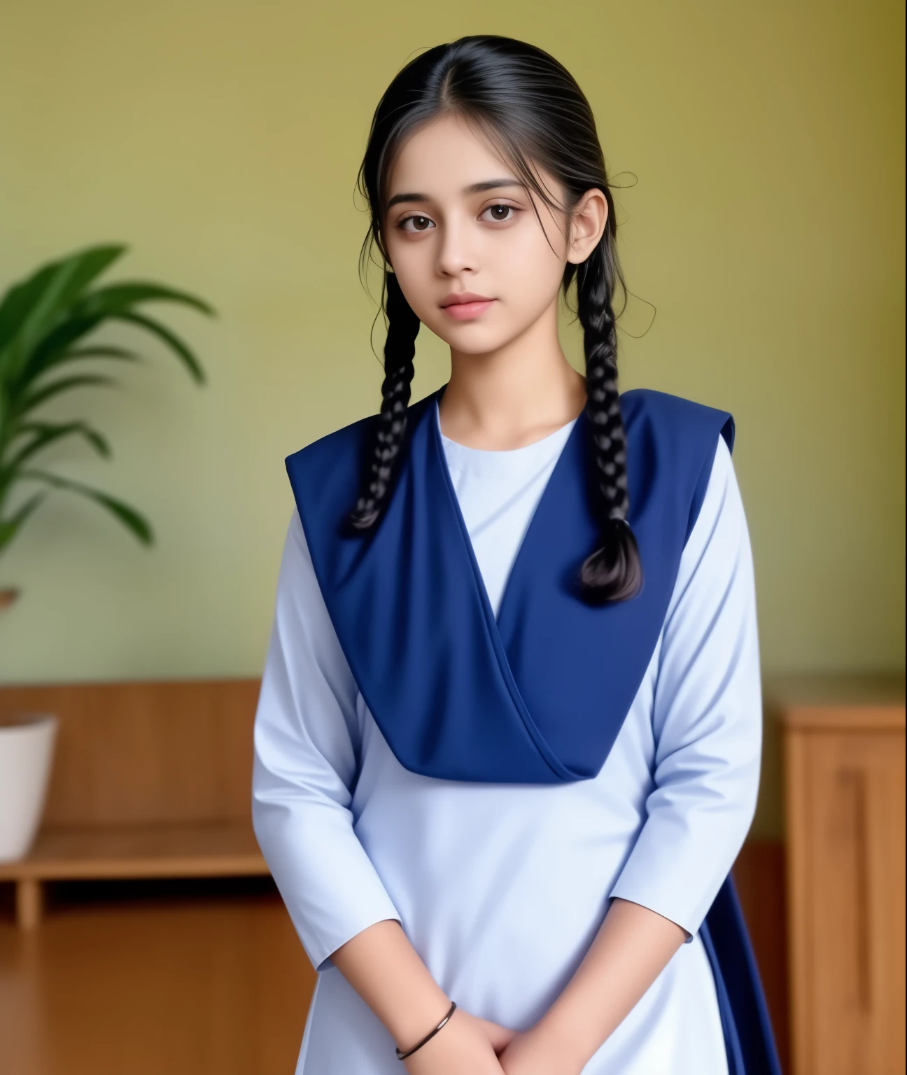 Raw photo , 1 girl  ,Wearing  salwar kameez uniform, , big breasts ,  teen school girl, with plait , professional photographer, (hdr:1.4), masterpiece, ultra-realistic 8k, perfect artwork, intrincate details, cute face, award winning photograph, (Best quality, 8k, 32k, Masterpiece, UHD:1.3) 