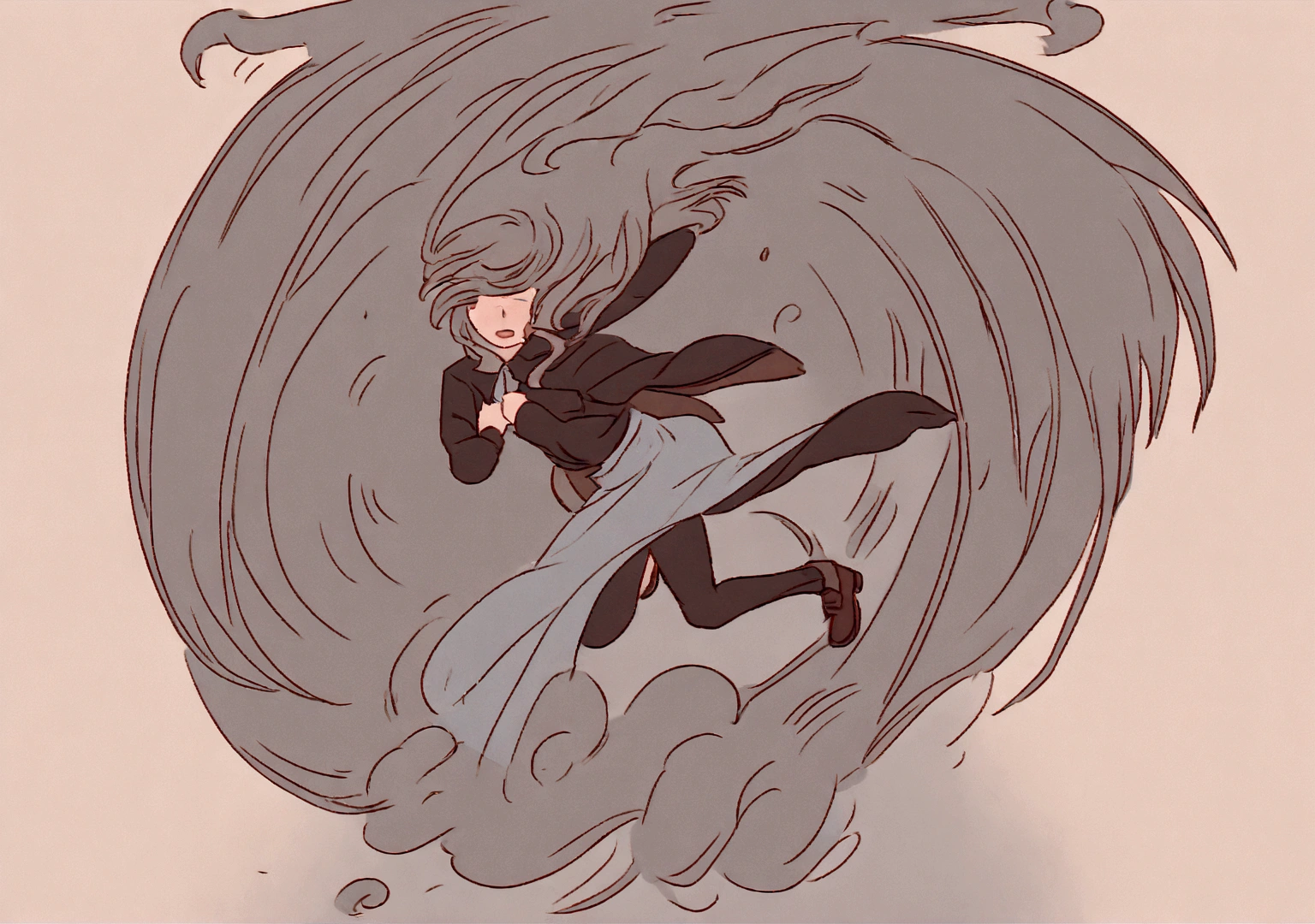 There are paintings of women wearing dresses and top hats., wind shaman!, The 13th Doctor resurrects, windy day, Inspiration from Richard Doyle, Anime girl is running., The weather is windy., The wind is blowing, cold storm wind, Female protagonist 👀 :8, wind shaman, during a storm, fan art, The wind is blowing and hair flowing 