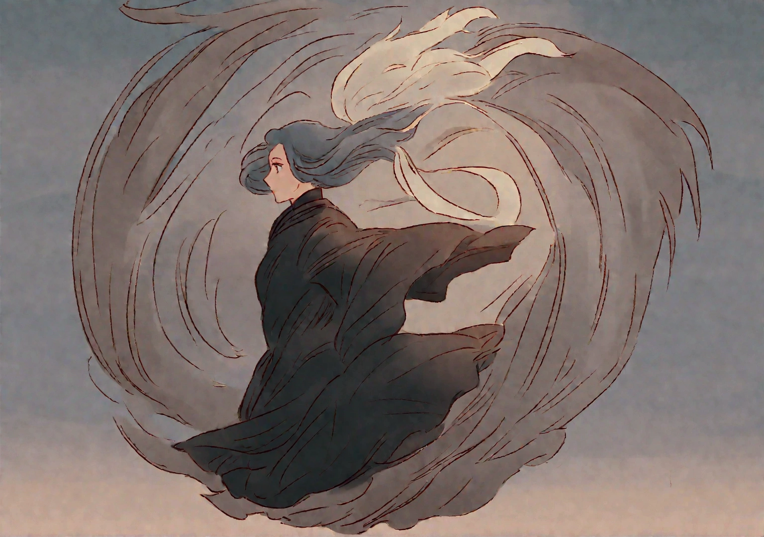 There are paintings of women wearing dresses and top hats., wind shaman!, The 13th Doctor resurrects, windy day, Inspiration from Richard Doyle, Anime girl is running., The weather is windy., The wind is blowing, cold storm wind, Female protagonist 👀 :8, wind shaman, during a storm, fan art, The wind is blowing and hair flowing 