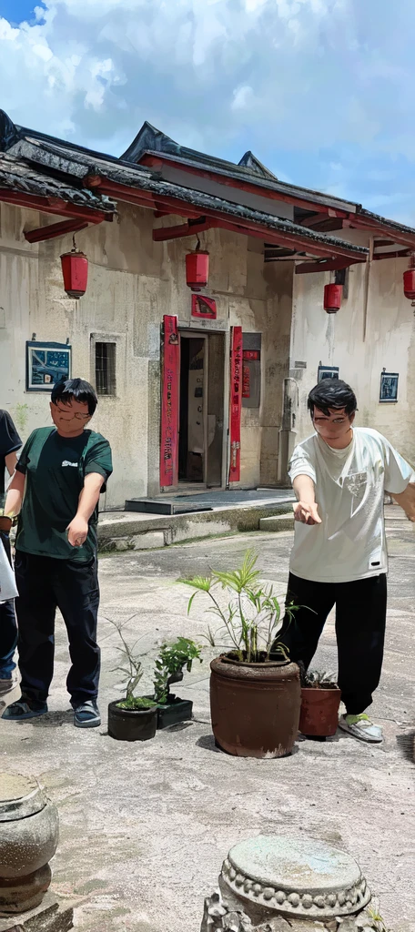 Several people stood around a potted plant in the courtyard, Anime，comics，cute