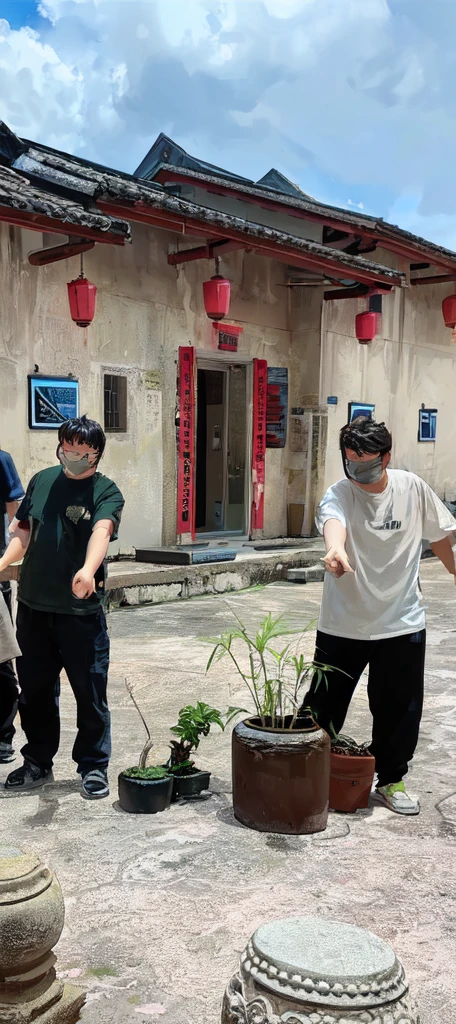 Several people stood around a potted plant in the courtyard, Anime,comics,cute