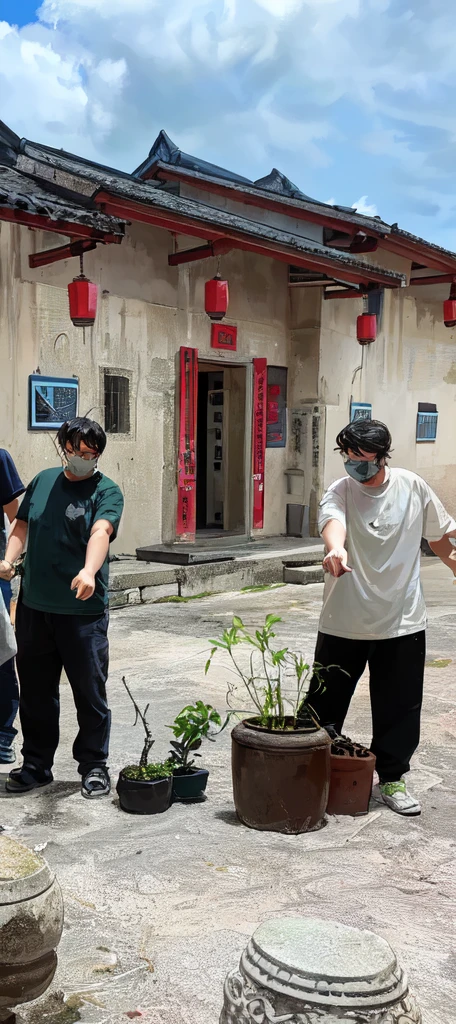 Several people stood around a potted plant in the courtyard, Anime,comics,cute