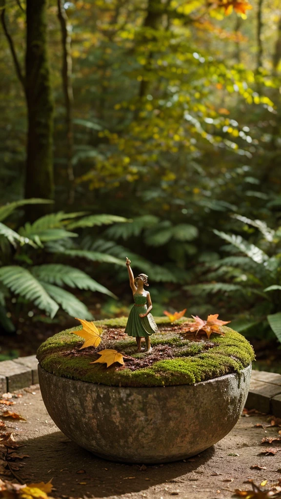 A whimsical miniature figure composed of delicately arranged autumn leaves, poised in a carefree dance on the rim of a weathered, moss-covered terracotta pot, set against a lush, vibrant forest backdrop, where dappled sunlight filters through the canopy above, casting intricate shadows. The overall aesthetic is ethereal, with warm, earthy tones of sienna, umber, and olive green, infused with hints of emerald and golden light, evoking a sense of wonder and enchantment, as if plucked from a fantastical realm.
