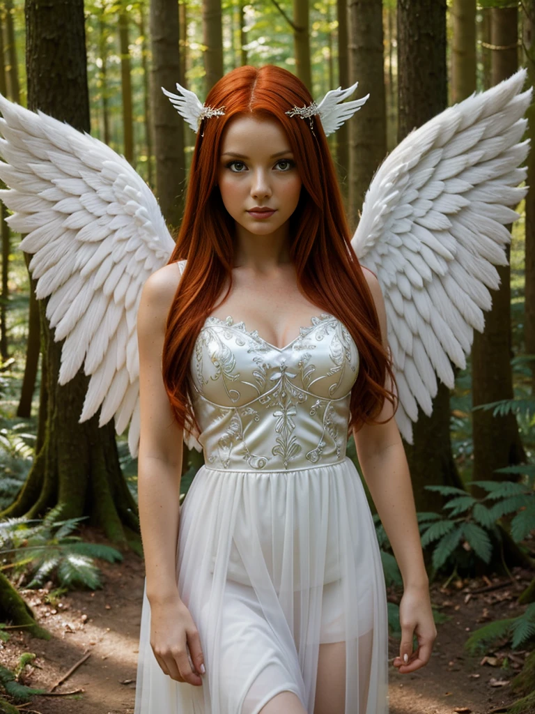 woman with red hair and angel wings in a forest, girl with angel wings, wearing angel halo, angel themed, angel-themed, white wings, wearing angel, portrait of a beautiful angel, fantasy photoshoot, wearing angel halo covered face, beautiful female angel, winged girl angel,  angel wings